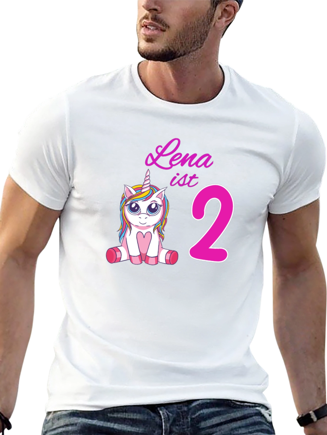 Black Cute 'Lena is 2' Unicorn Birthday Black T-Shirt view 13