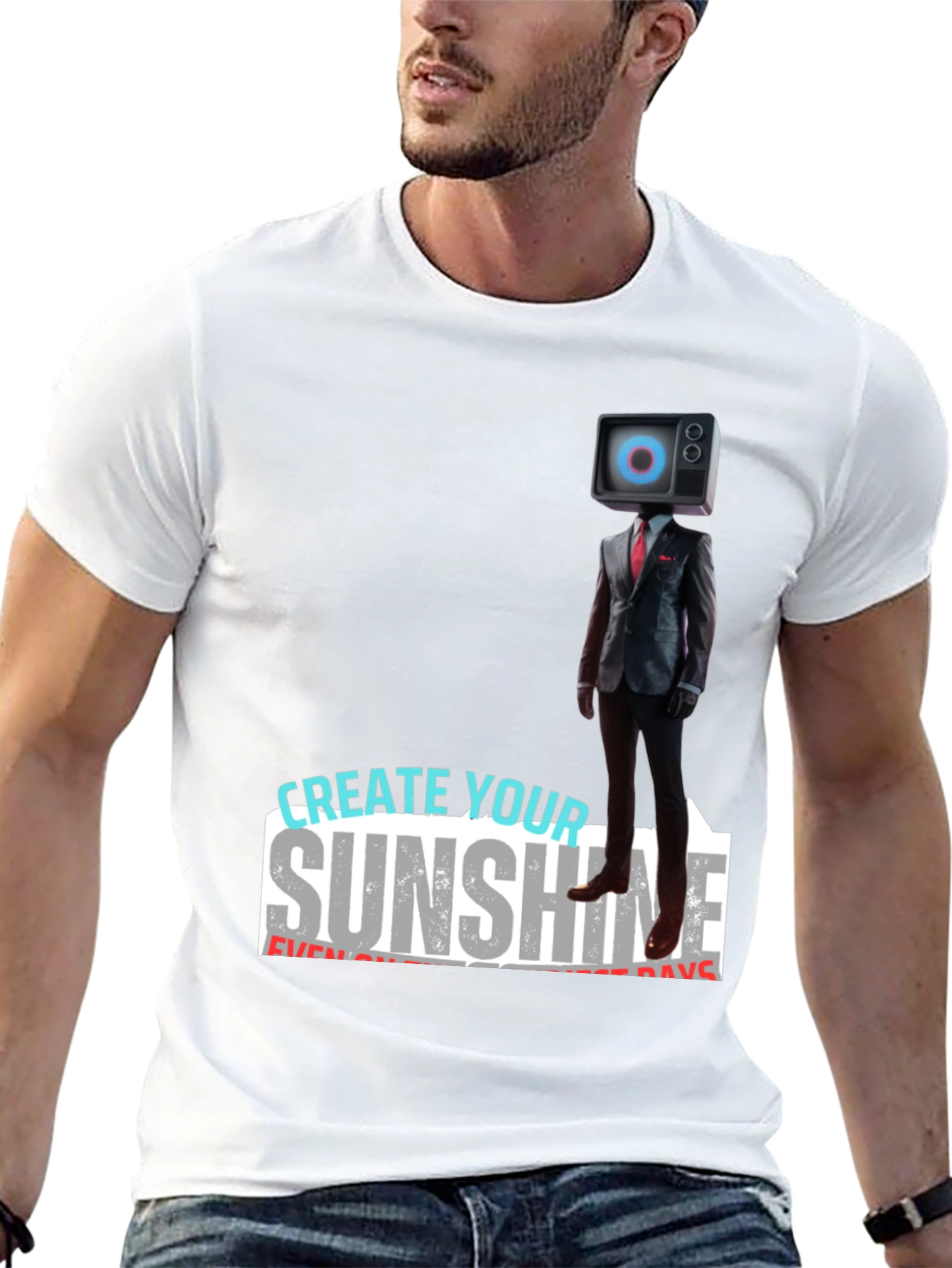 Black Modern TV Head Suit T-Shirt: Create Your Sunshine view 13