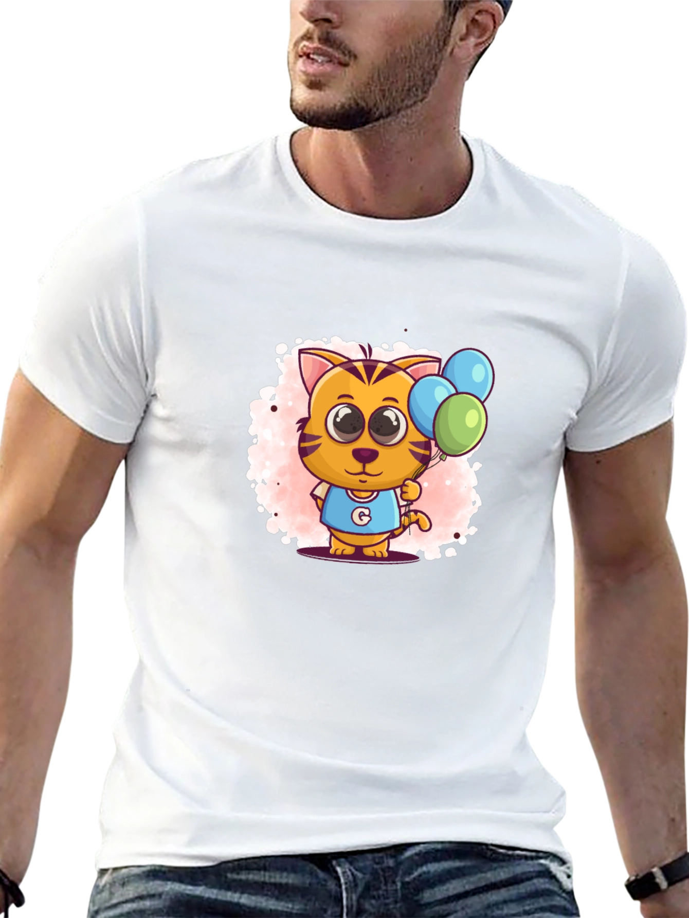 Black Cute Cartoon Cat With Balloons Black T-Shirt view 13