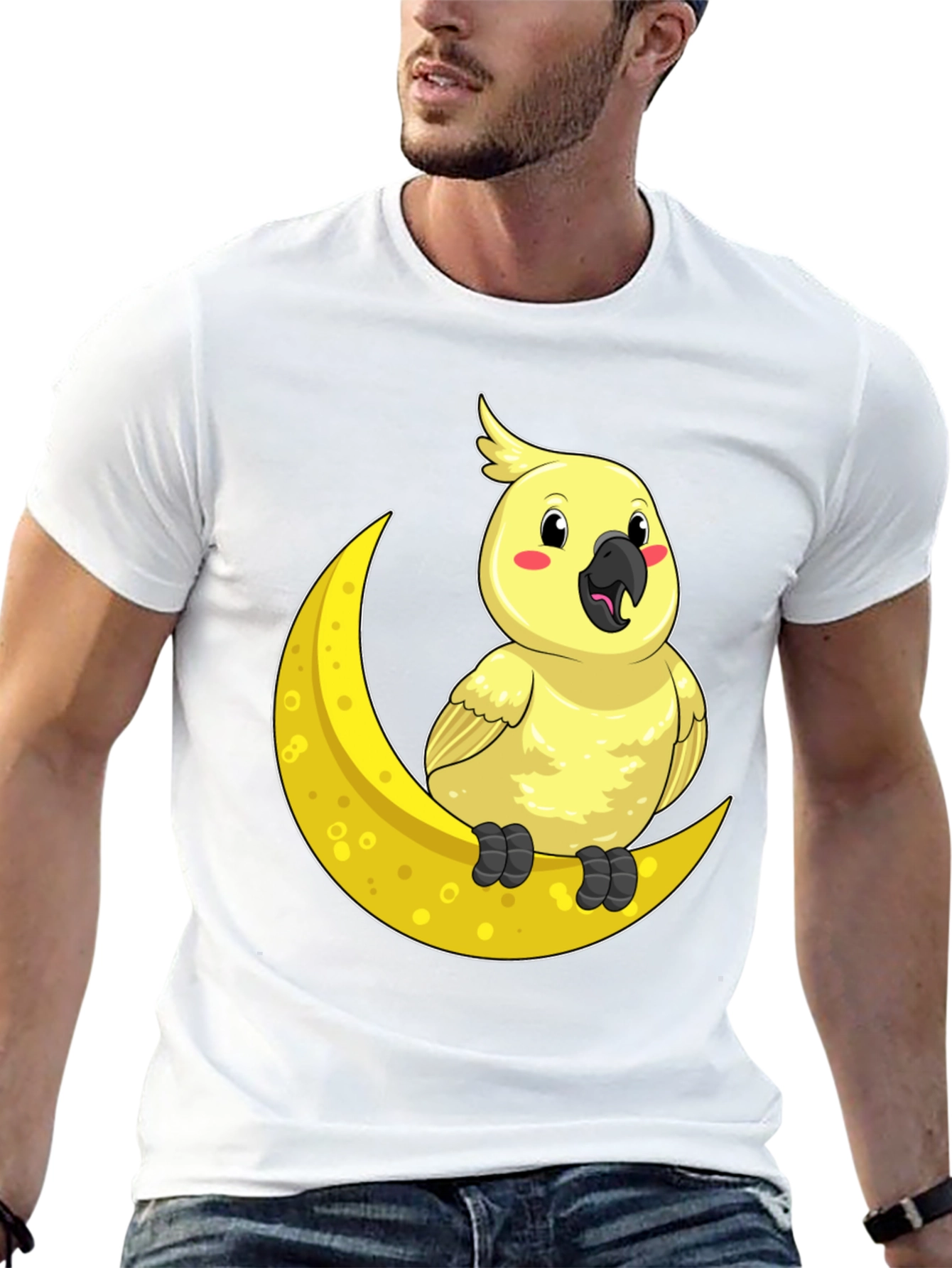 Black Cute Cockatiel On Moon T-Shirt - Soft Cotton, Unique Design view 13