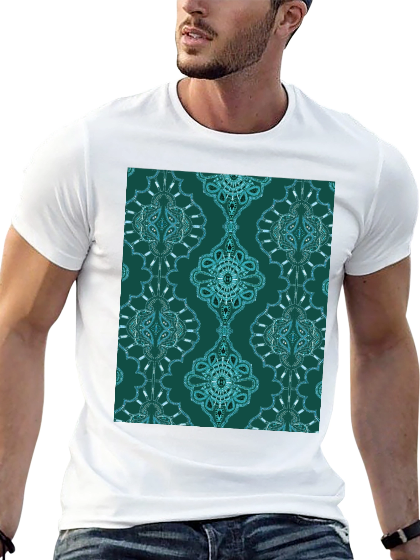 Black Stylish Patterned Teal T-Shirt view 13