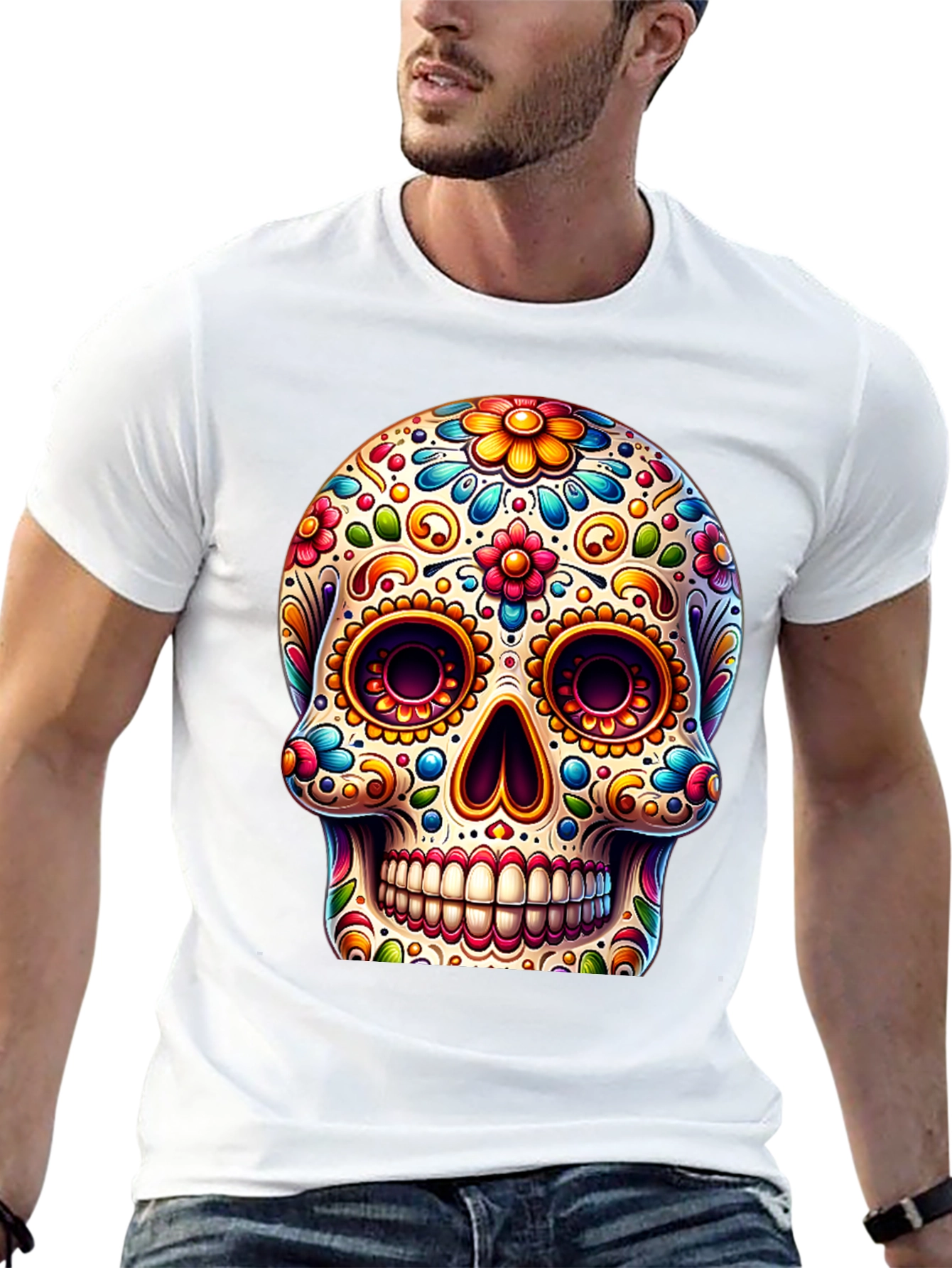 Black Sugar Skull T-Shirt: Colorful Day of the Dead Design view 13