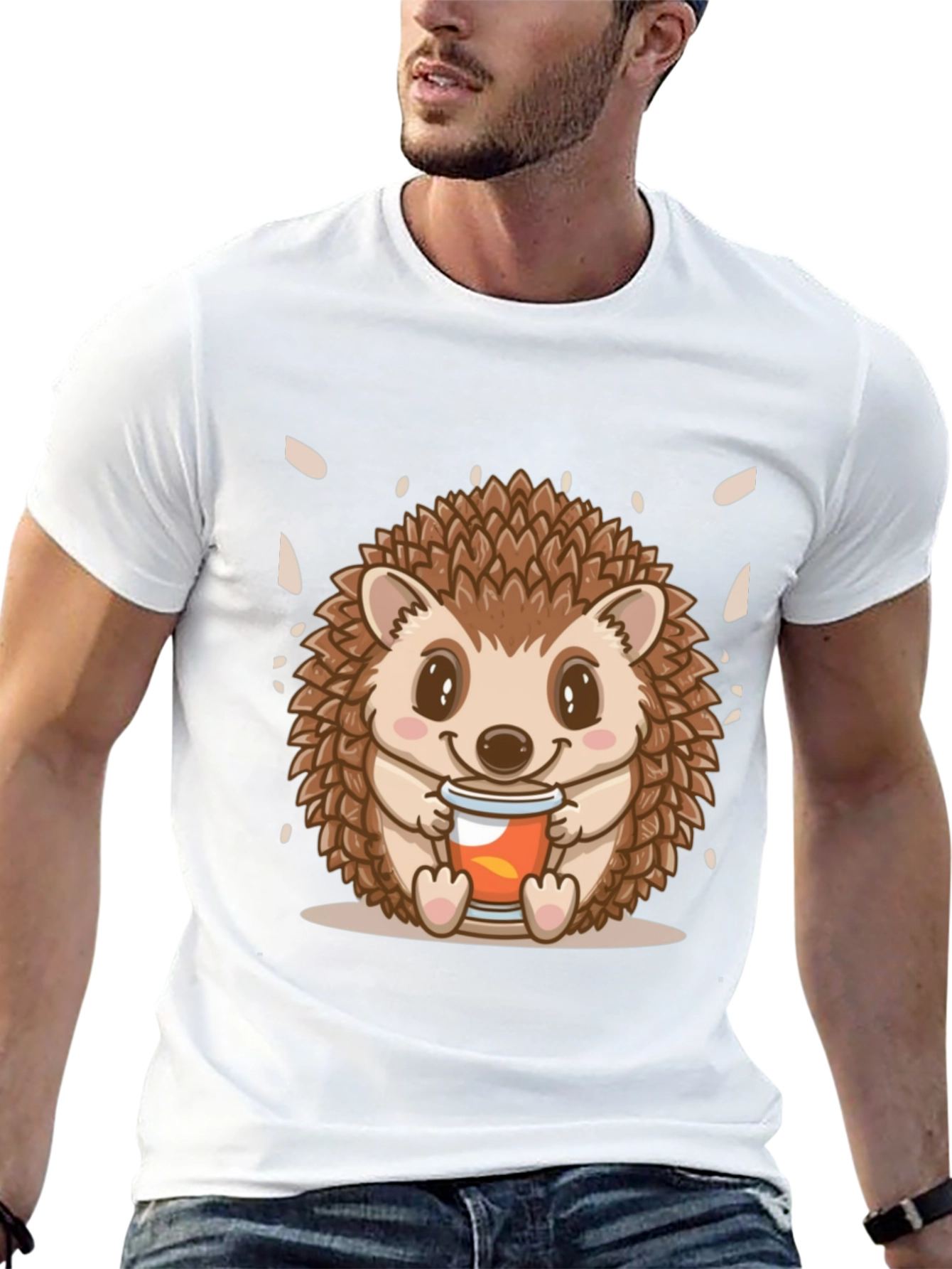 Black Cute Hedgehog Holding Drink Graphic Tee - Black view 13