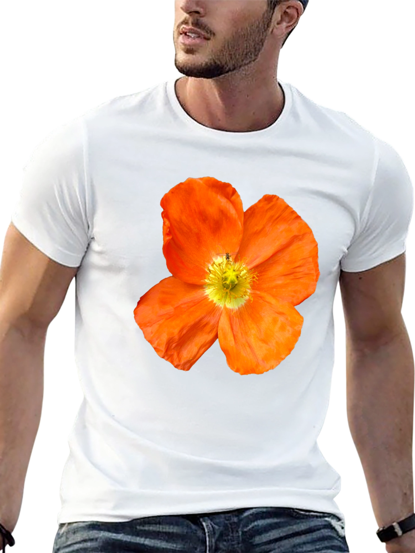 Black Floral Print T-Shirt - Bold Orange Poppy Design view 13