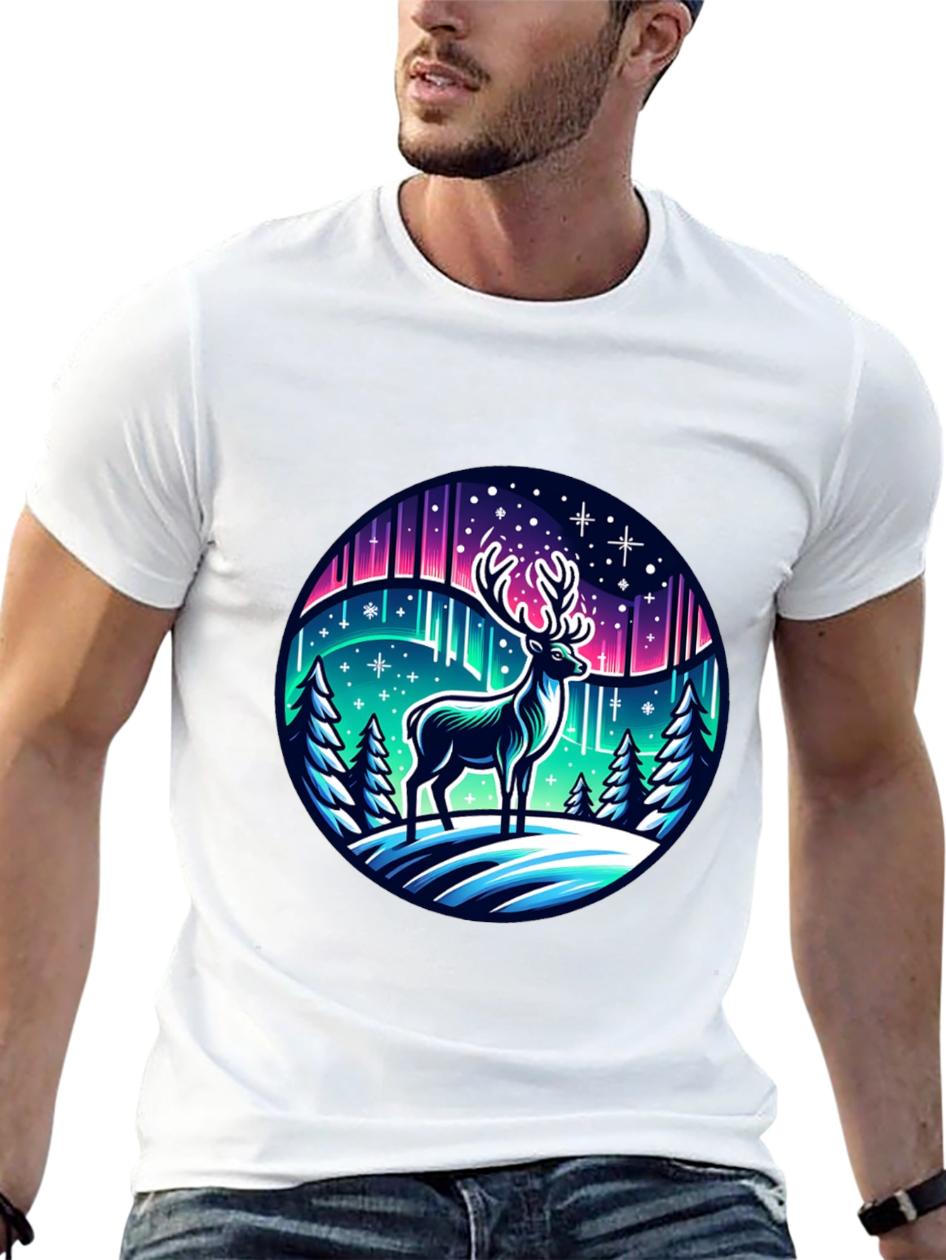 Black Winter Deer Graphic Tee - Northern Lights Design view 13
