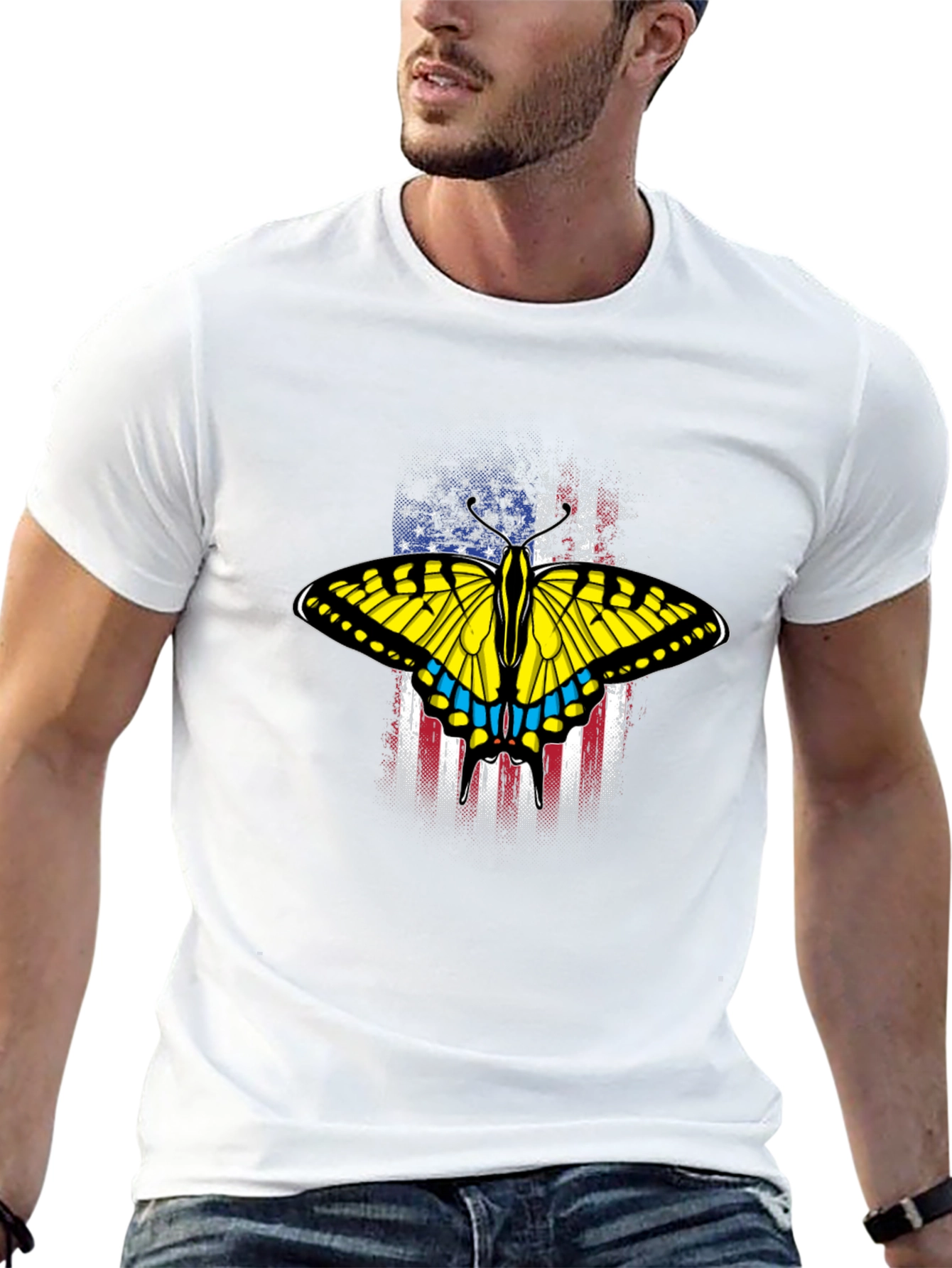 Black American Flag Butterfly Graphic T-Shirt view 13