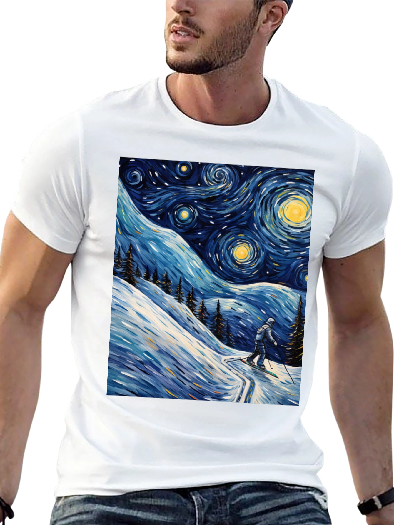 Black Starry Night Skiing Graphic Tee view 13