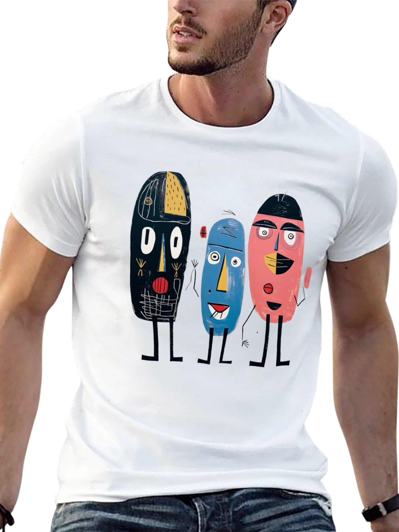 Black Abstract Faces Black Tee - Unique Graphic Print view 13