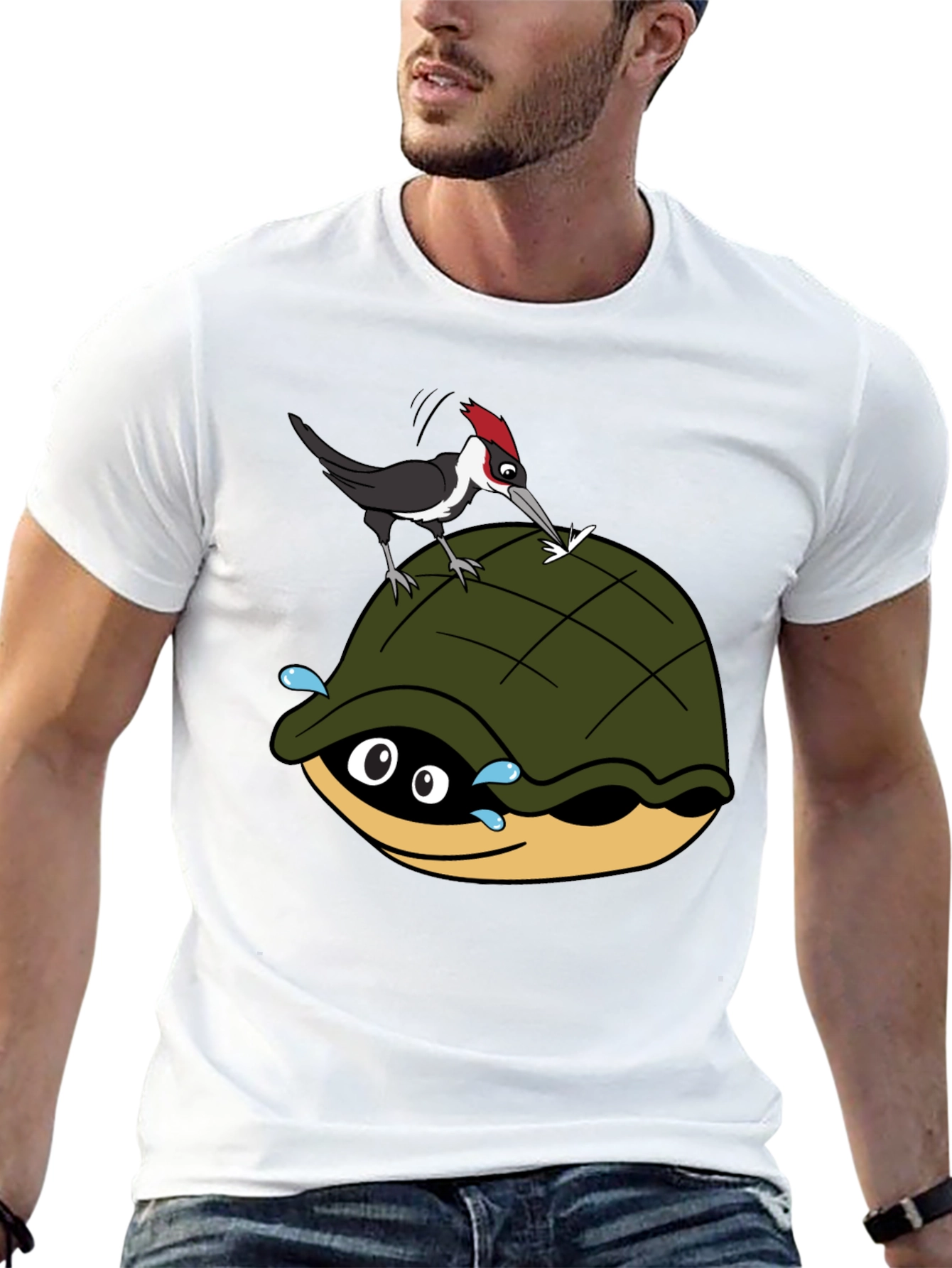 Black Cartoon Turtle and Woodpecker Graphic Tee view 13