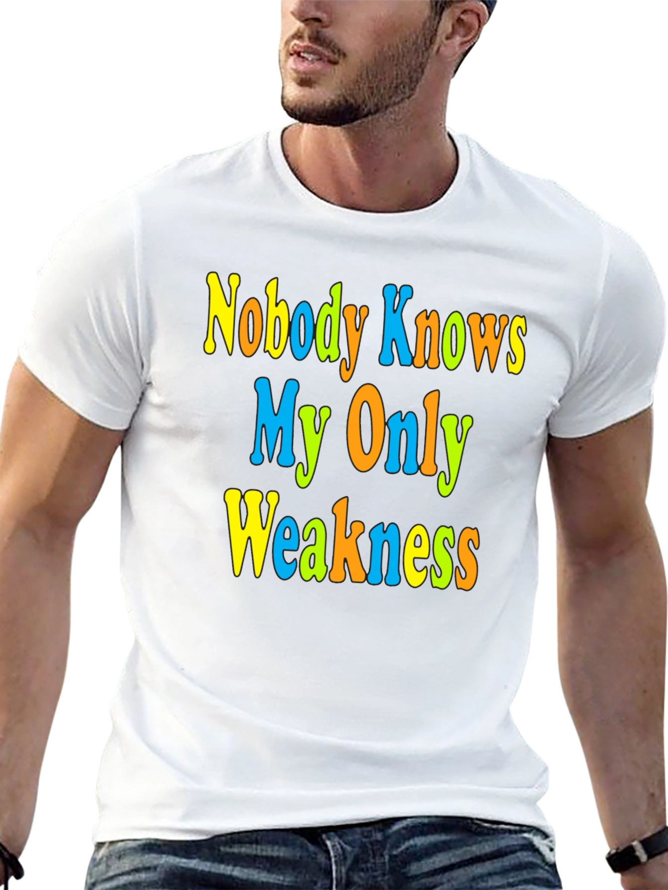 Black Funny Novelty Graphic Tee - Nobody Knows My Only Weakness view 13