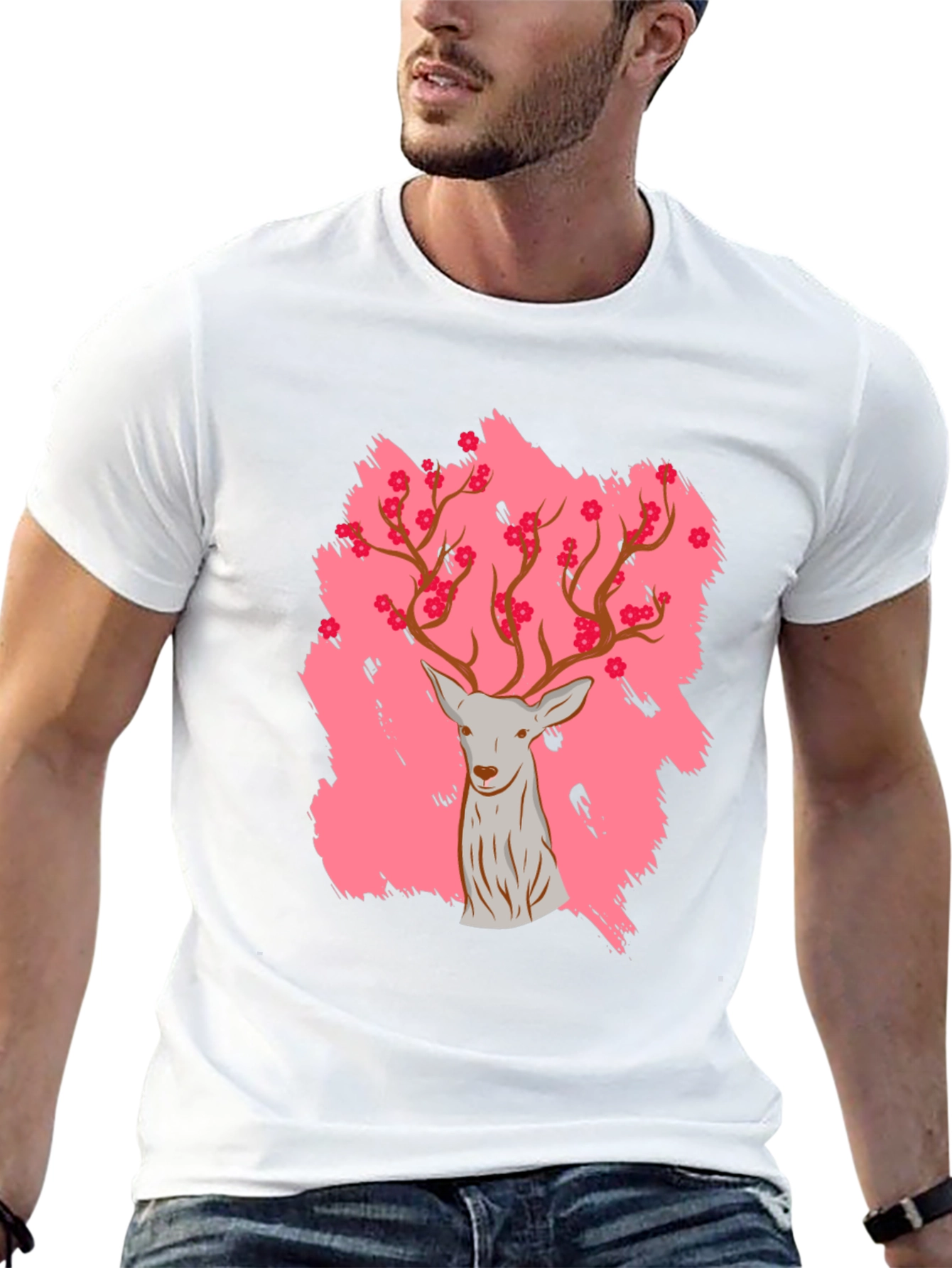 Black Deer with Floral Antlers Graphic Black T-Shirt view 13