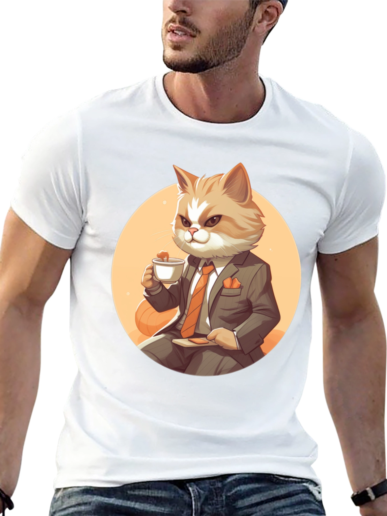 Black Cat Boss T-Shirt: Cartoon Cat in Suit Sipping Tea view 13