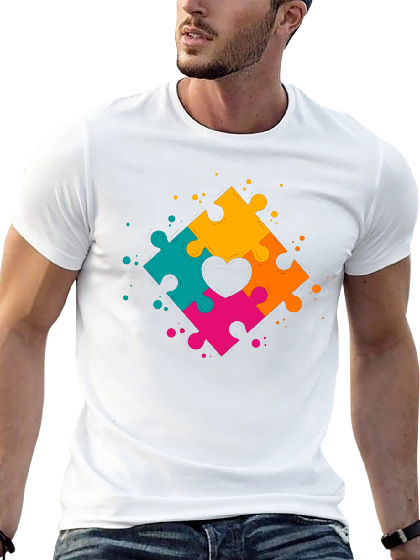 Black Autism Awareness Puzzle Heart T-Shirt view 13