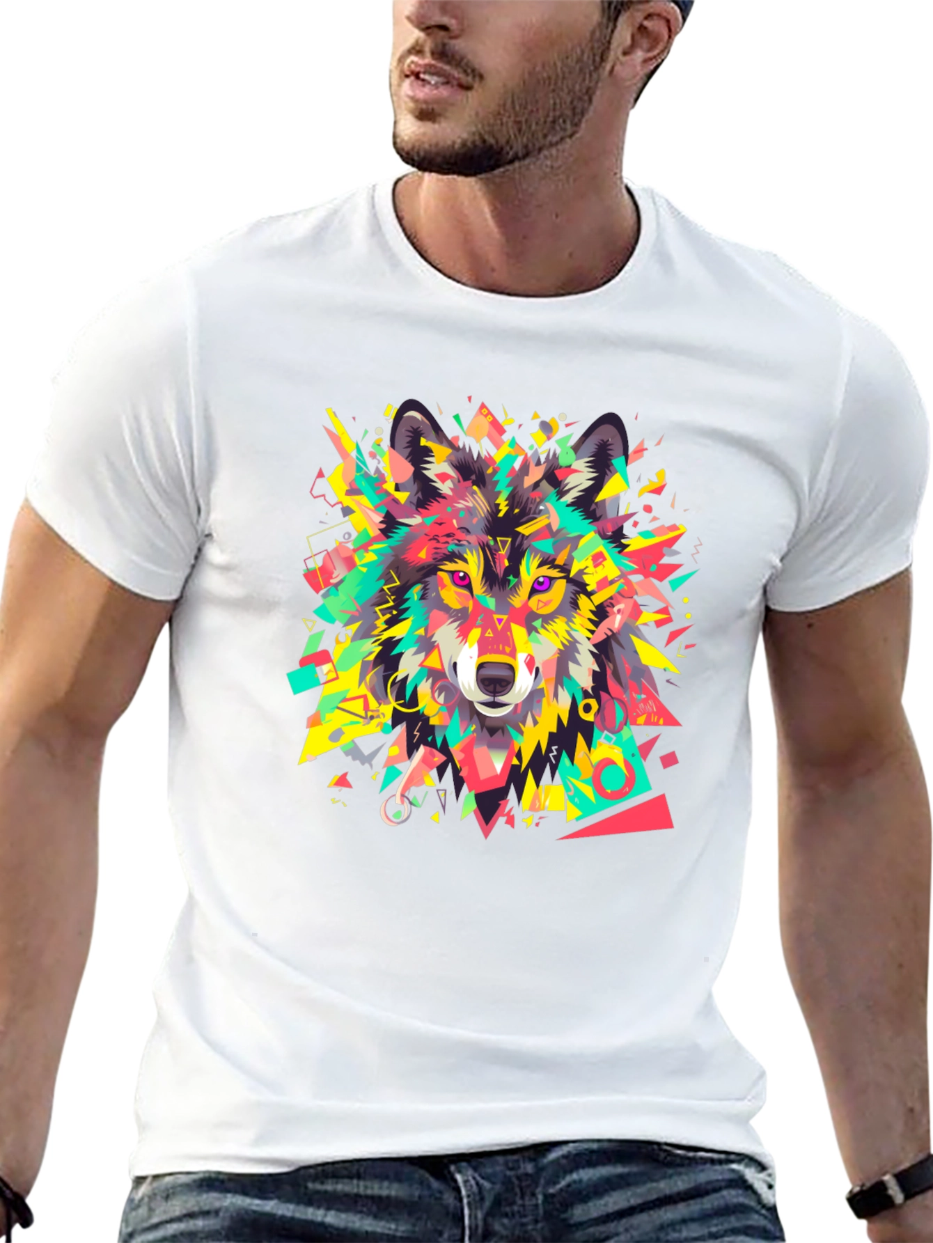 Black Geometric Wolf Graphic Black T-Shirt view 13