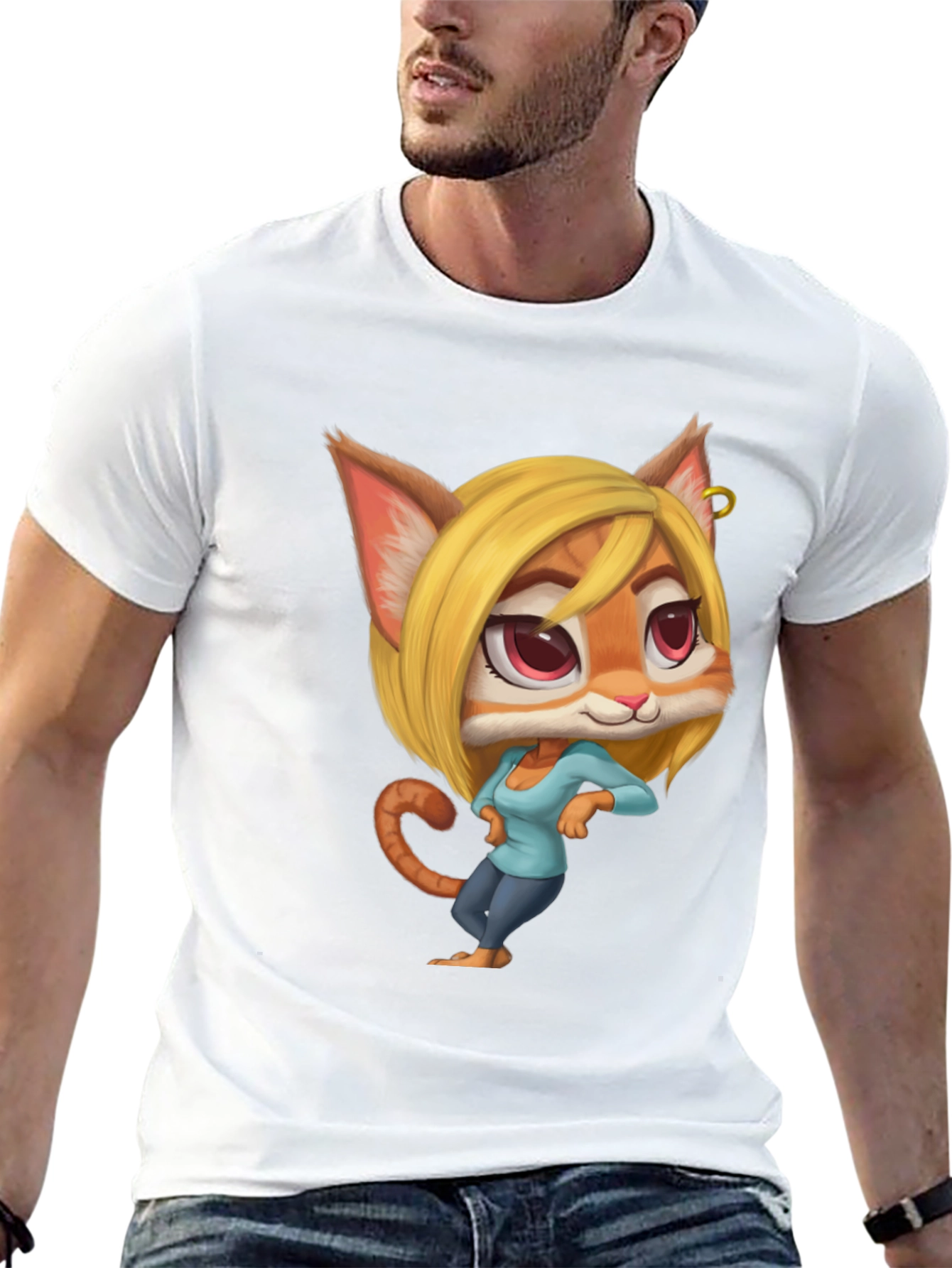 Black Cartoon Cat Girl T-Shirt - Unique Design view 13