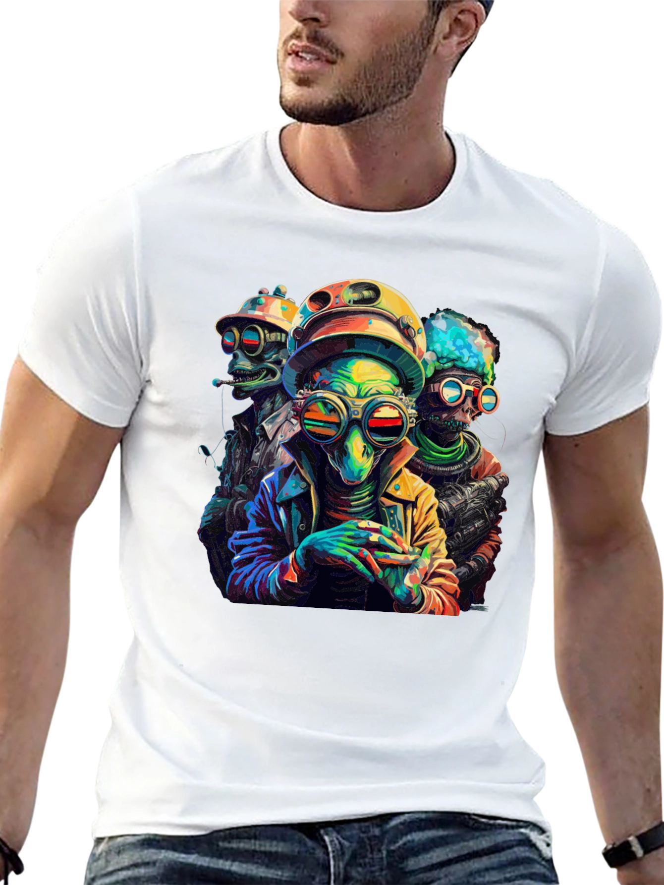 Colorful Alien Crew Graphic Black T-Shirt - 13