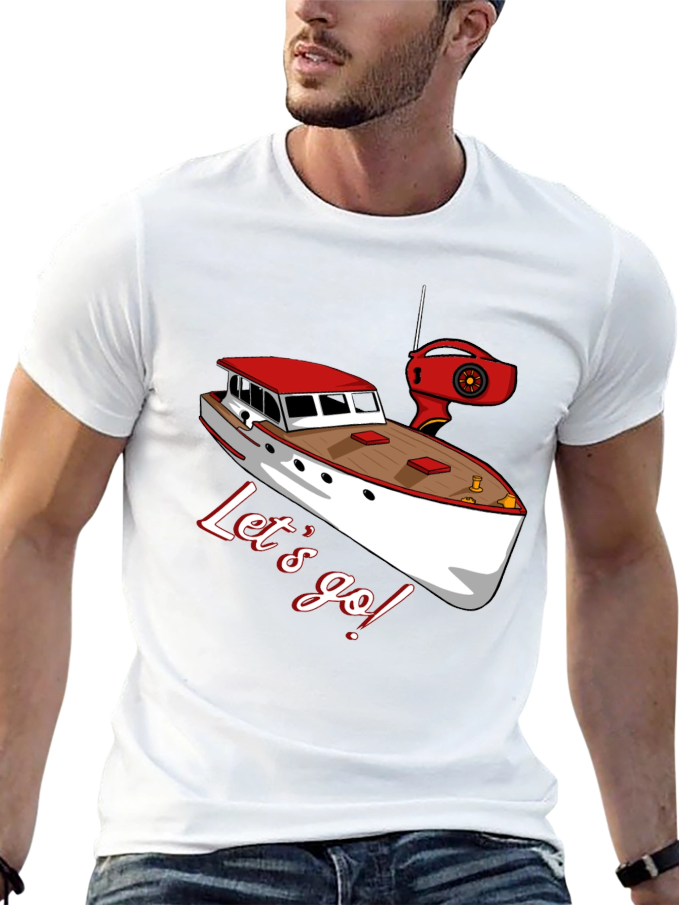 Black Let's Go Boating T-Shirt: Red & White Boat Graphic view 13