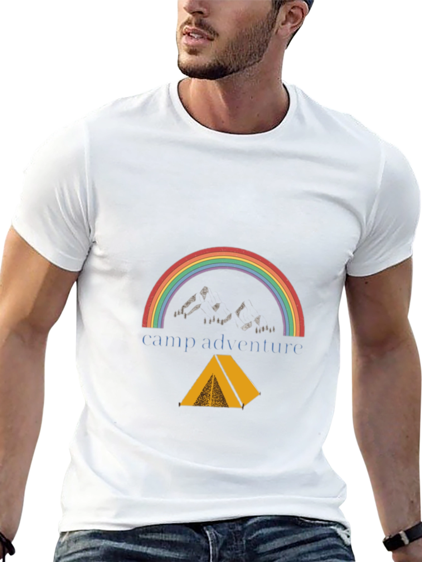 Black Camp Adventure Black T-Shirt, Rainbow Mountain Tent Design view 13