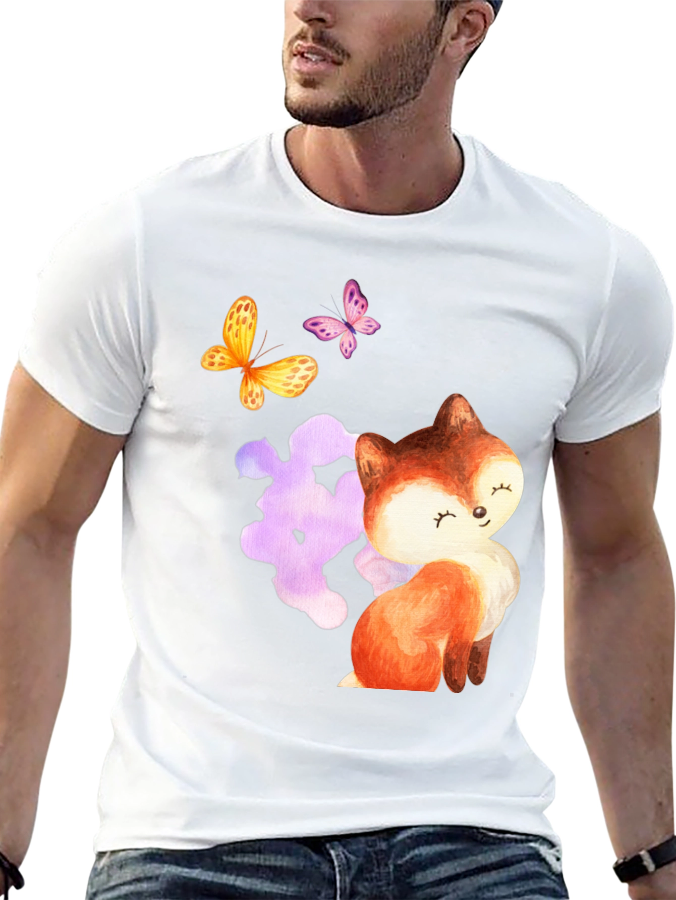Black Cute Fox & Butterfly Graphic Tee - Stylish Comfort view 13