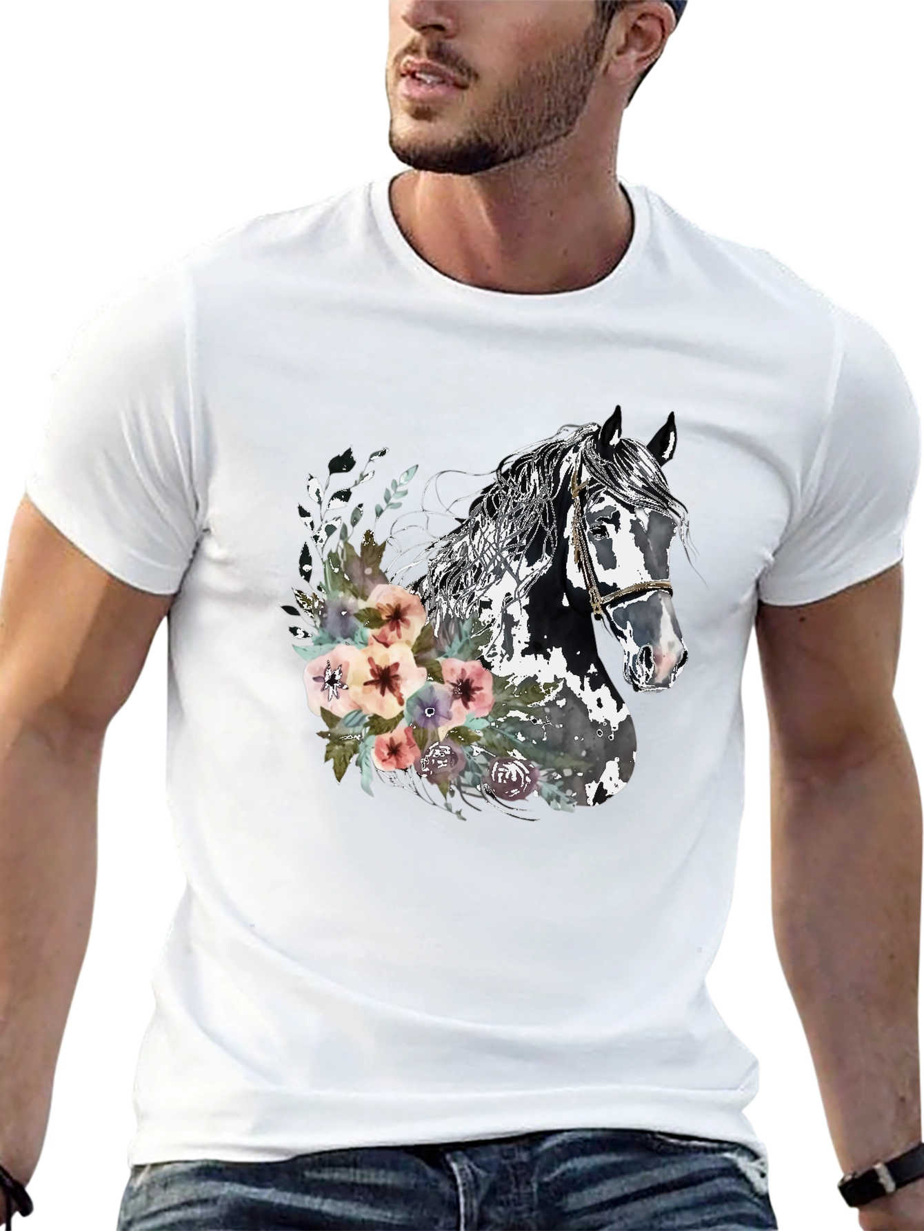 Black Floral Horse Graphic Tee - Unisex Black T-Shirt view 13