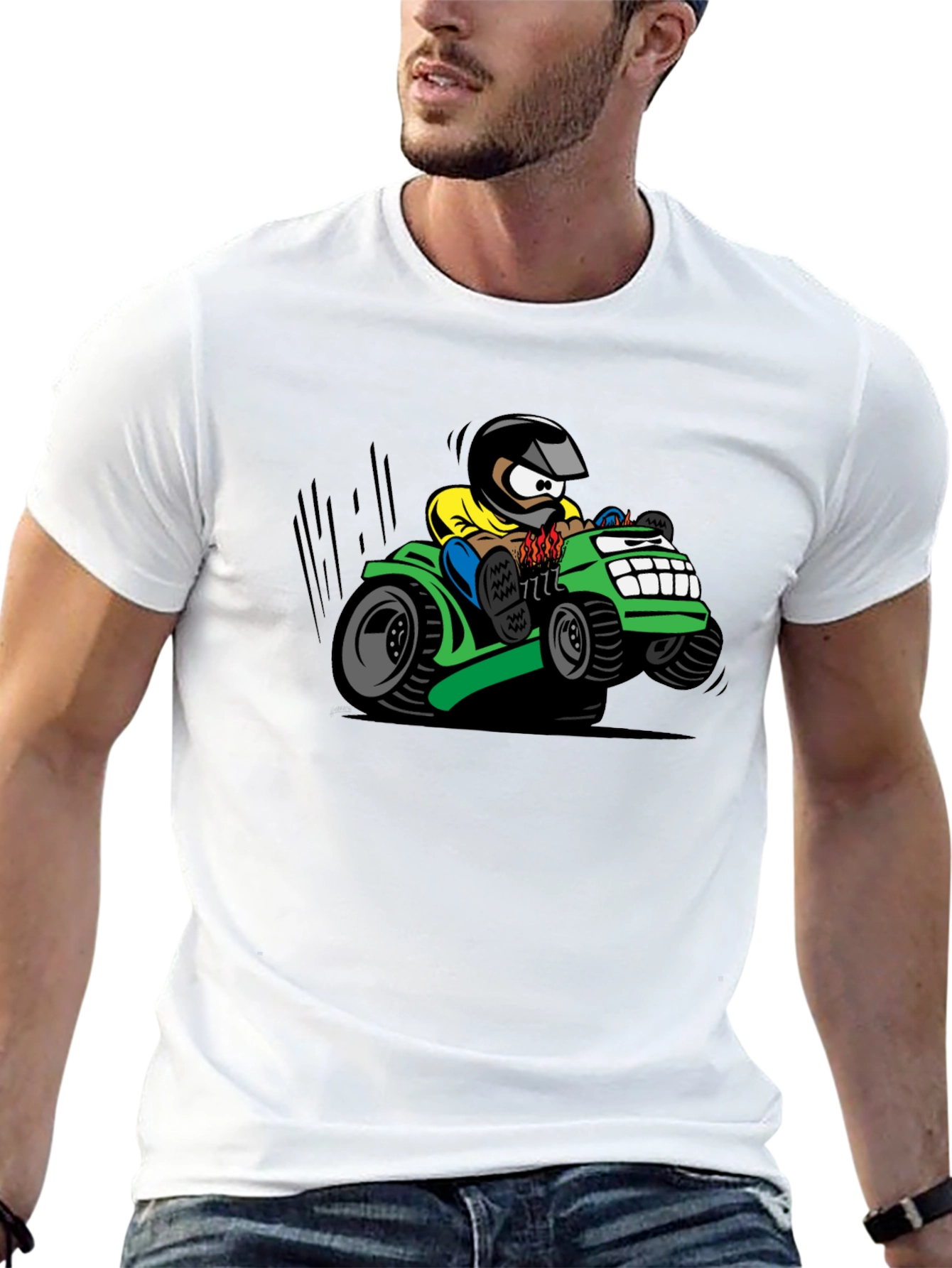 Black Cartoon Lawn Mower Rider Graphic Tee view 13