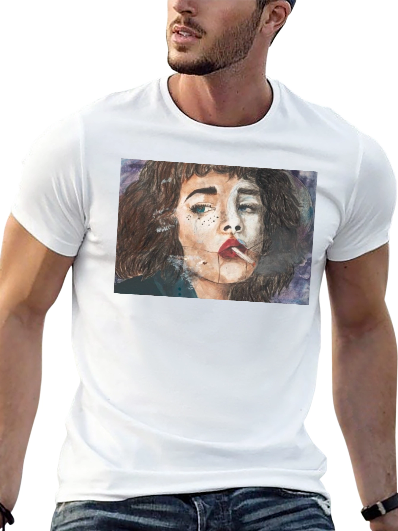 Black Smoking Woman Graphic Tee - Unisex Black T-Shirt view 13