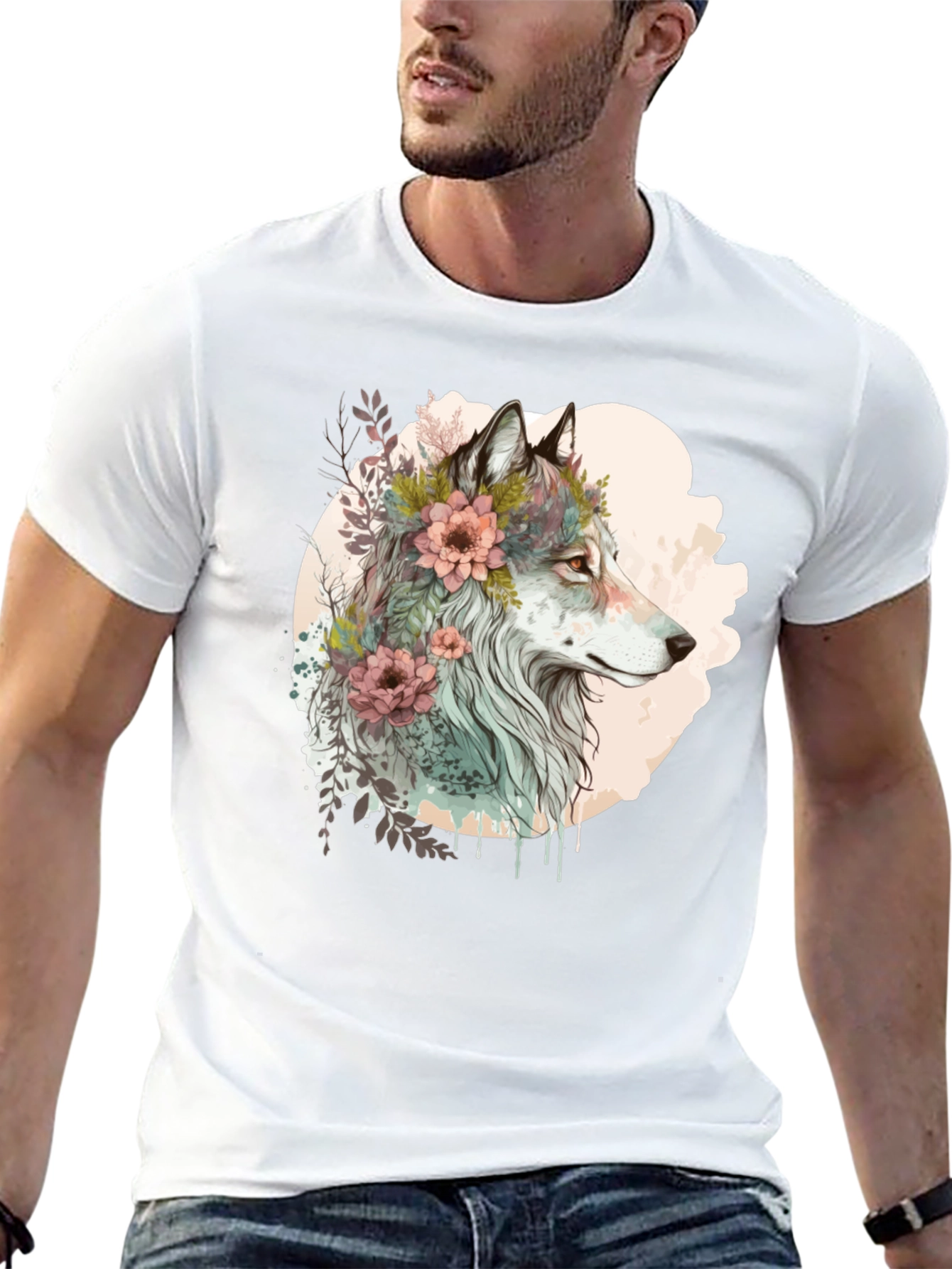 Black Wolf and Floral Graphic Tee - Stylish Men's Black T-Shirt view 13