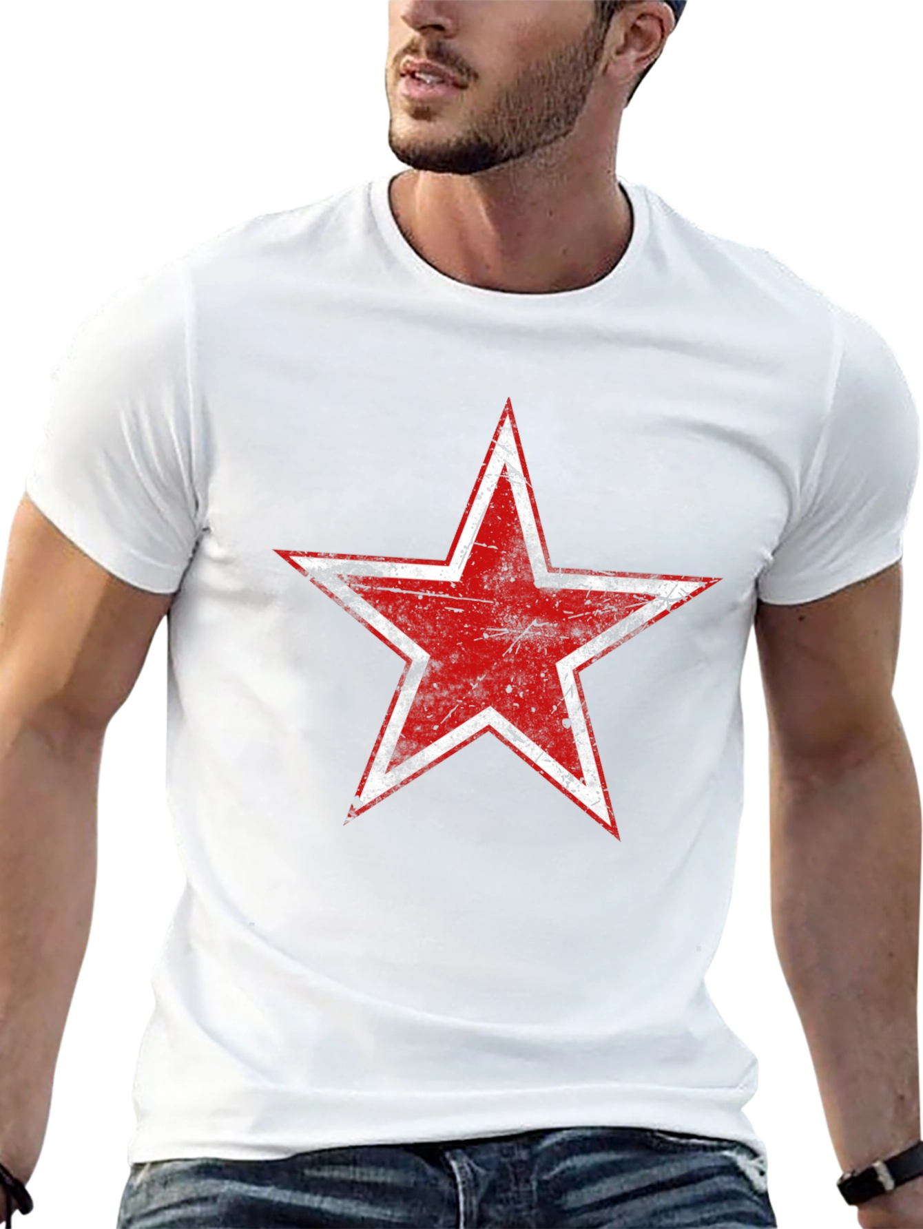Black Distressed Red Star Graphic Black T-Shirt view 13