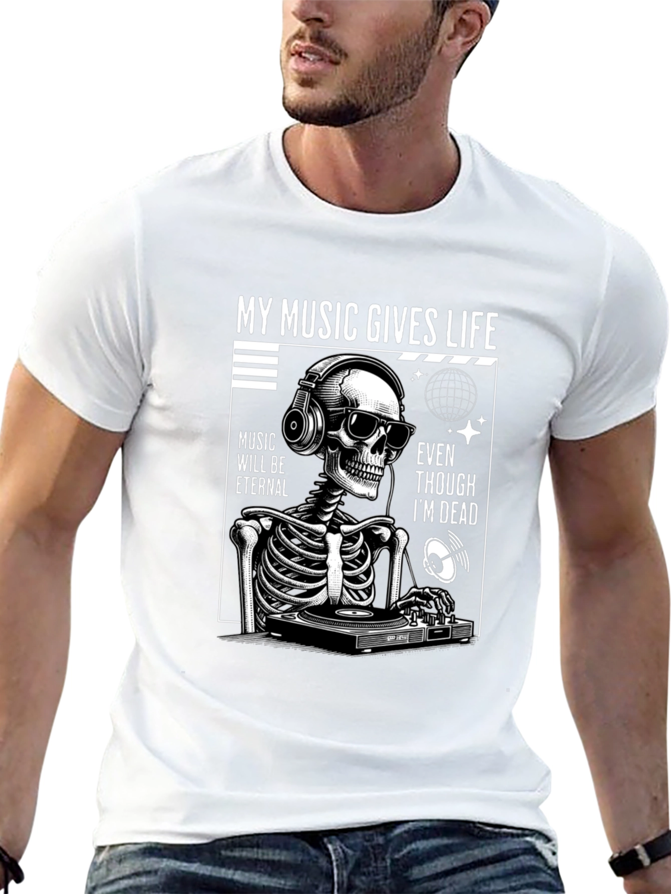 Black Music Gives Life Skeleton DJ Graphic T-Shirt view 13
