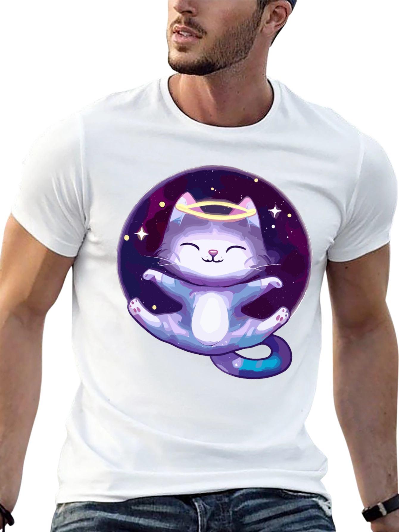 Black Cosmic Cat Angel T-Shirt - Black Cotton Tee view 13