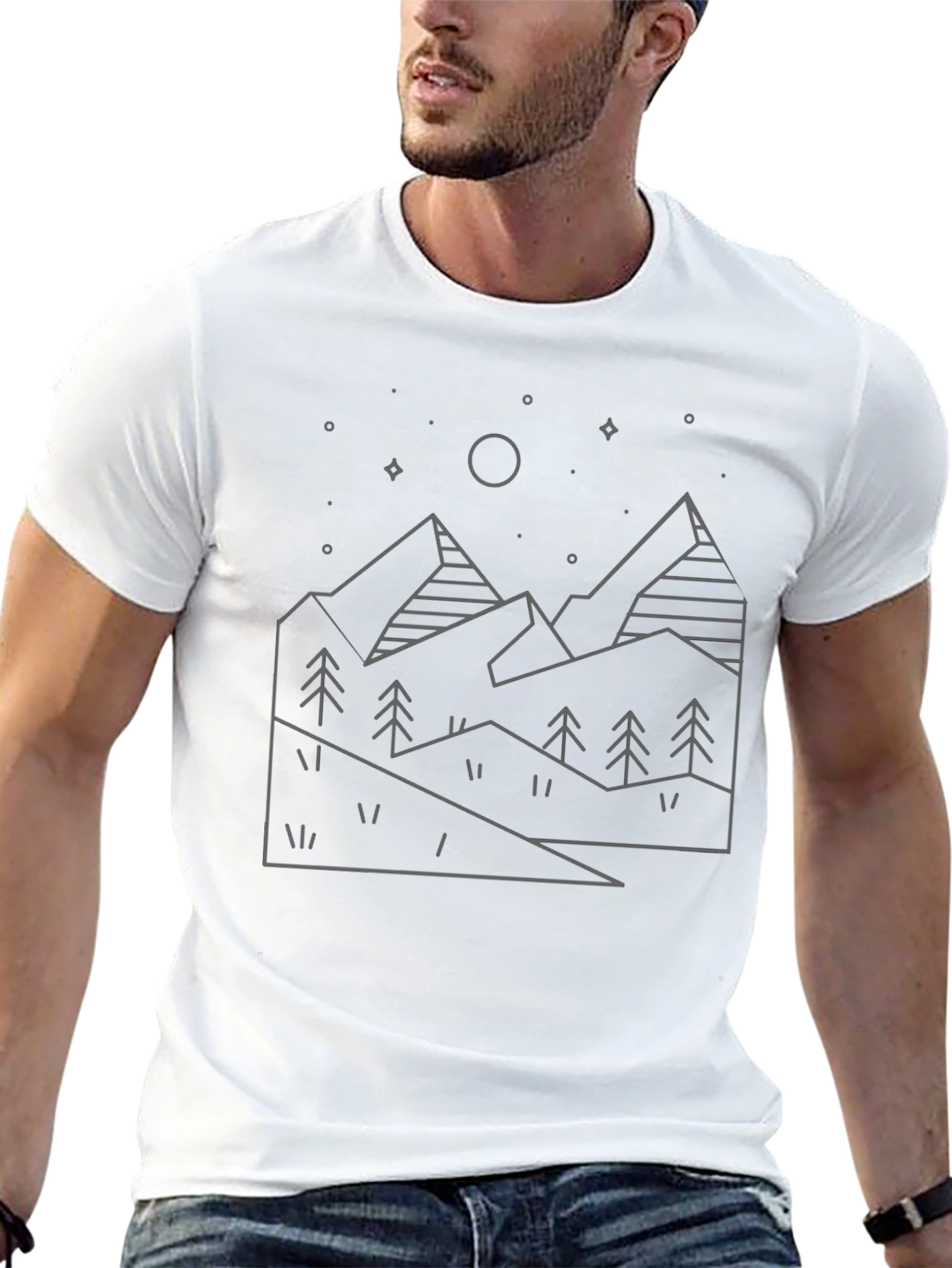 Black Minimalist Mountain Line Art Black T-Shirt view 13