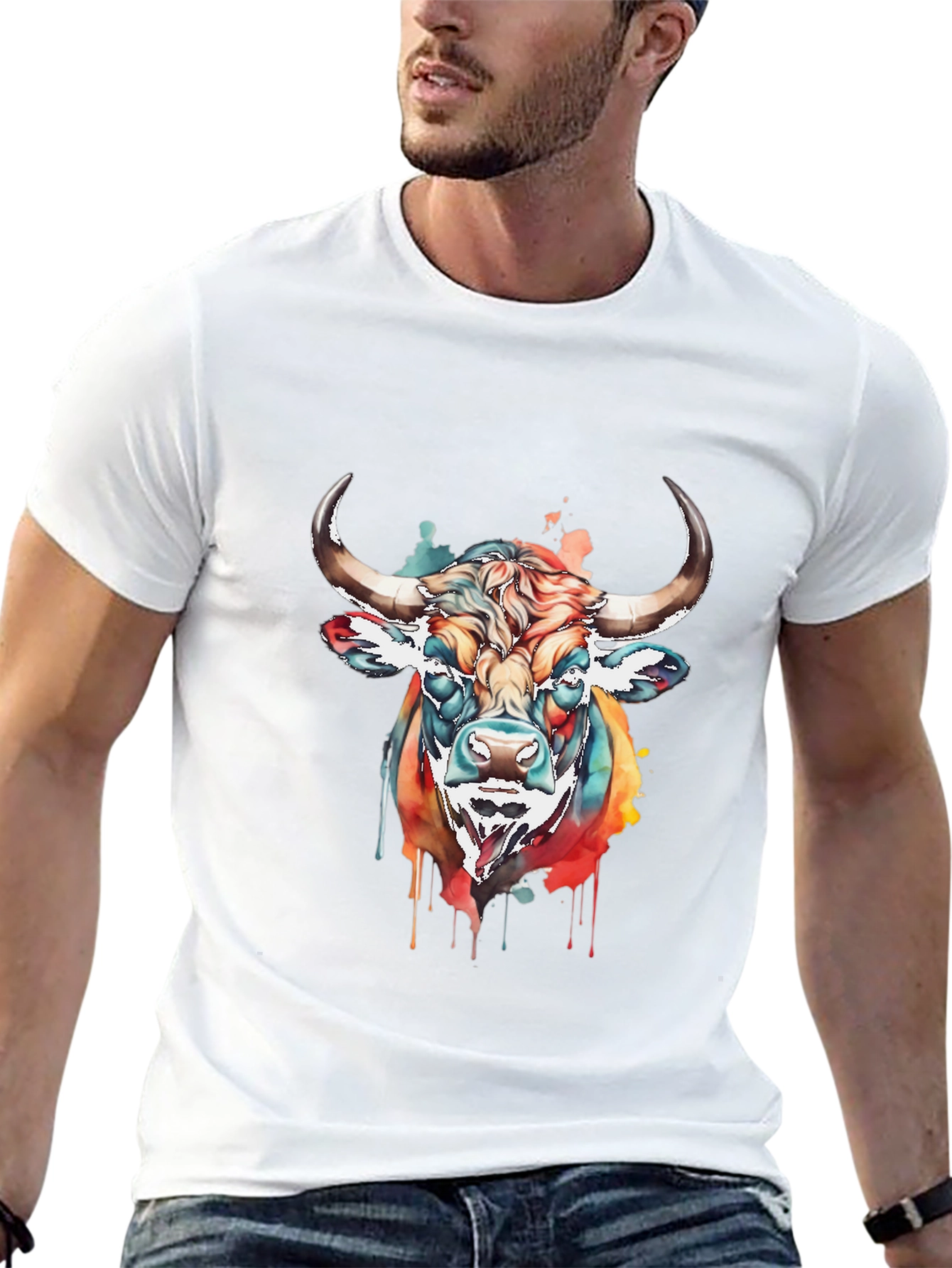 Black Colorful Bull Graphic Tee - Men's Black T-Shirt view 13