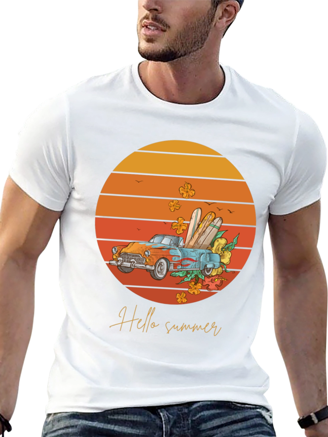 Black Hello Summer T-Shirt - Sunset Car Graphic Tee view 13
