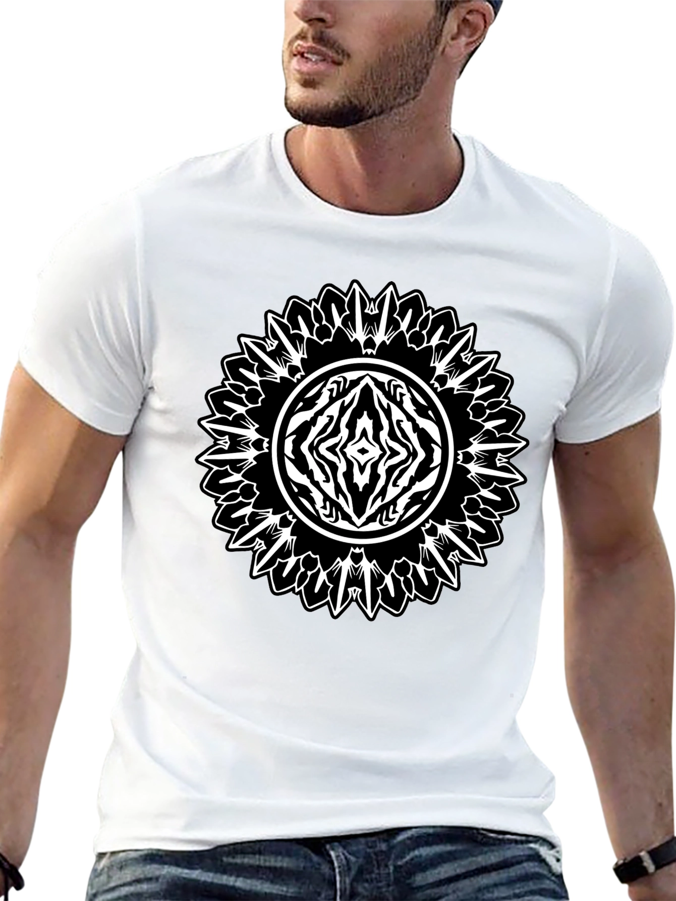 Black Geometric Mandala Graphic Tee - Black Cotton Casual Shirt view 13