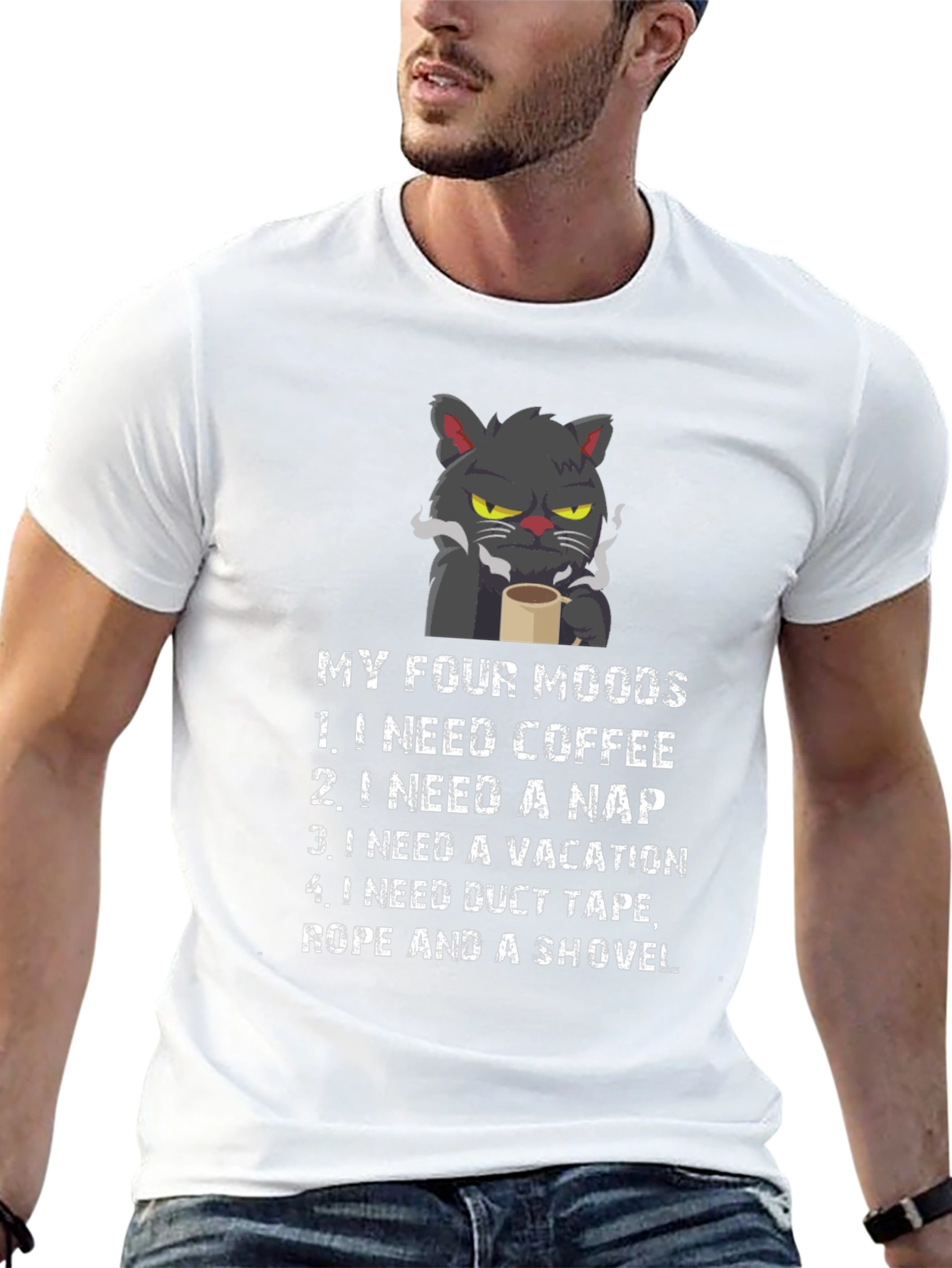 Black My Four Moods T-Shirt - Cat Coffee Nap Vacation view 13