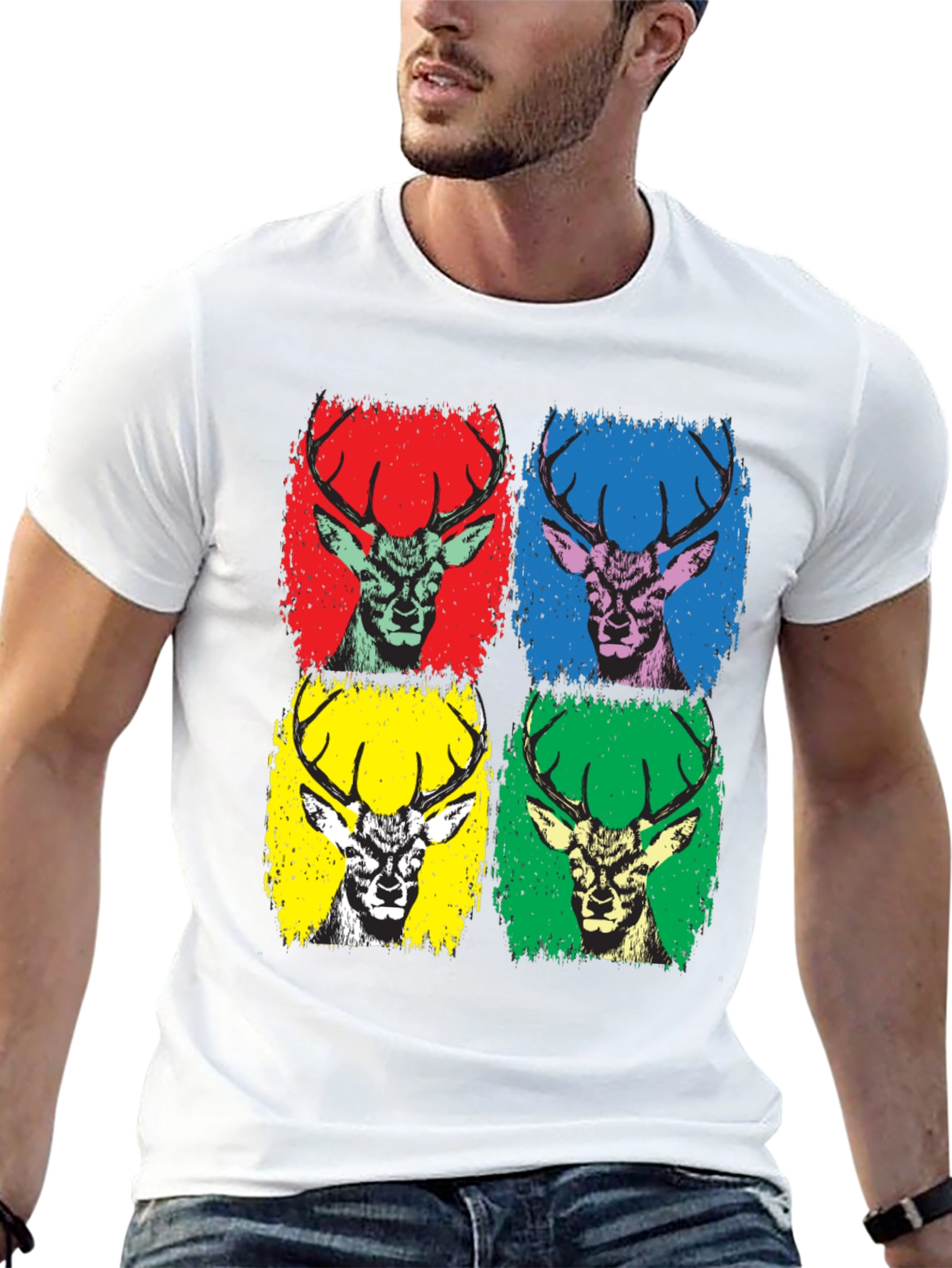 Black Pop Art Deer Graphic Tee - Black Cotton T-Shirt view 13
