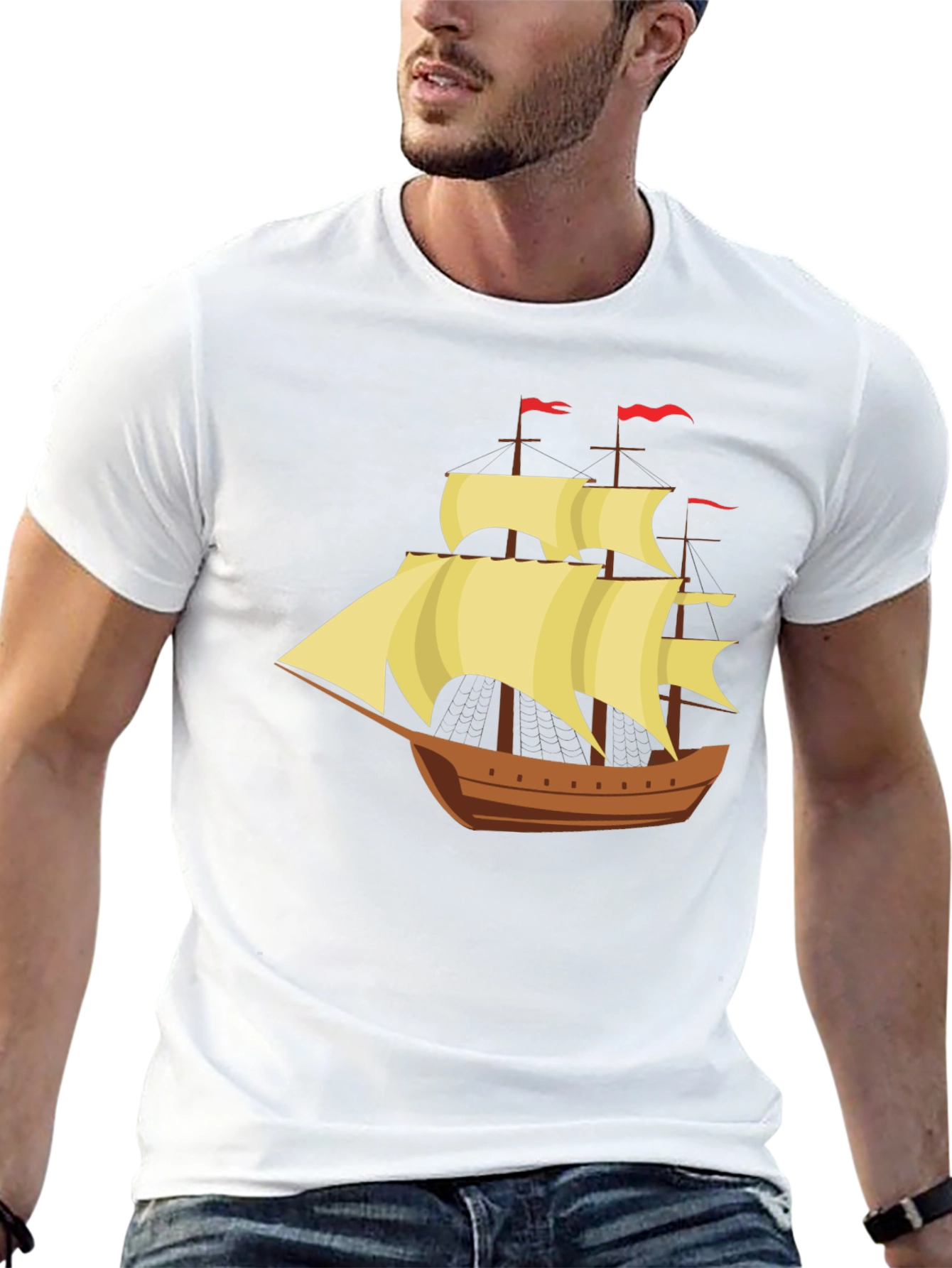 Black Vintage Sailing Ship Graphic Tee - Black Cotton T-Shirt view 13