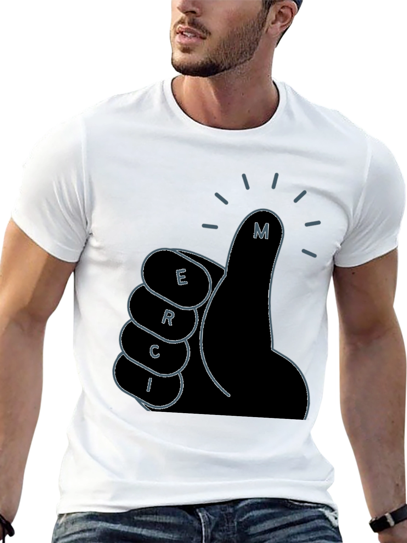 Black Merci Thumbs Up Graphic Tee - Black Cotton T-Shirt view 13