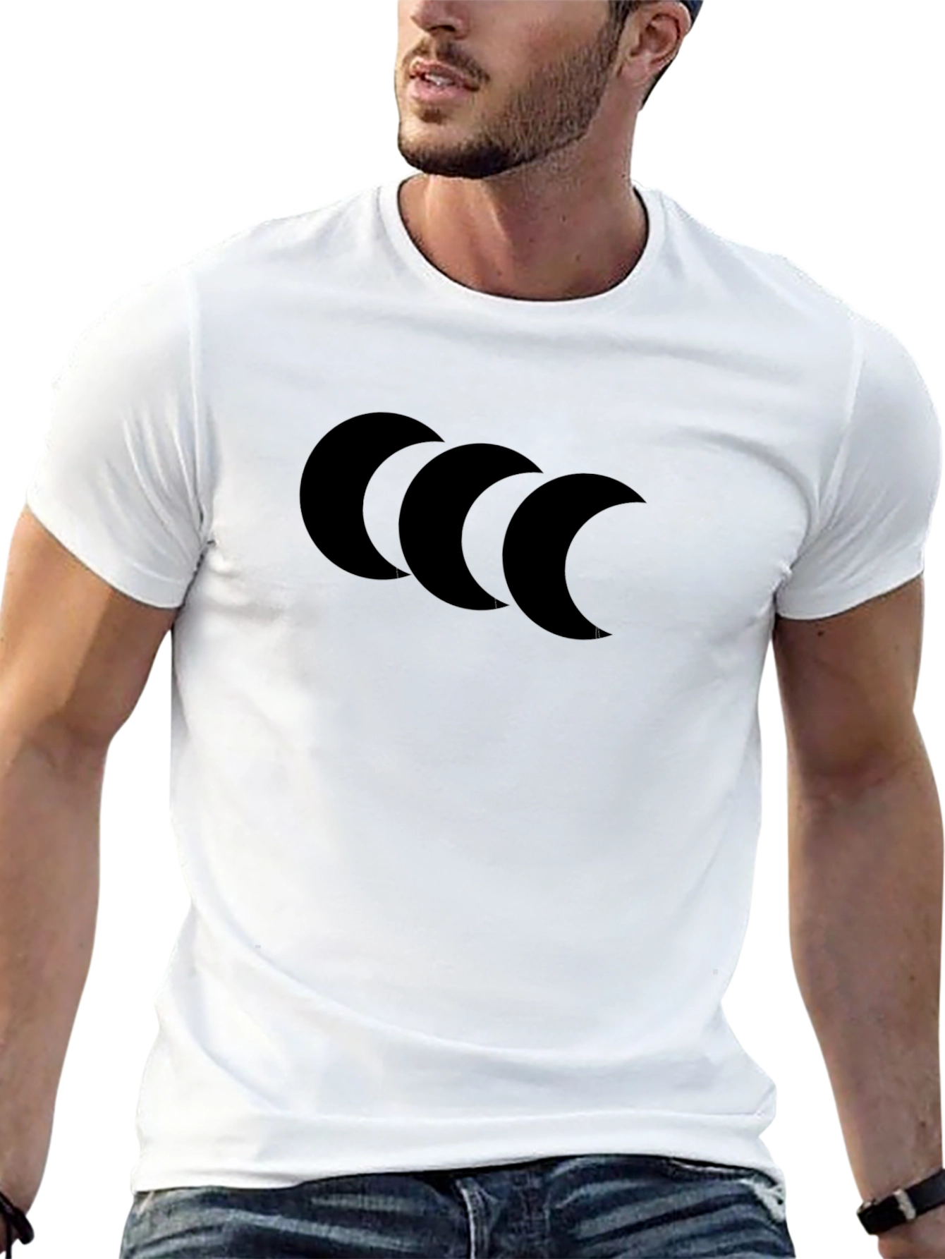 Black Men's Black T-Shirt with Crescent Moon Design view 13