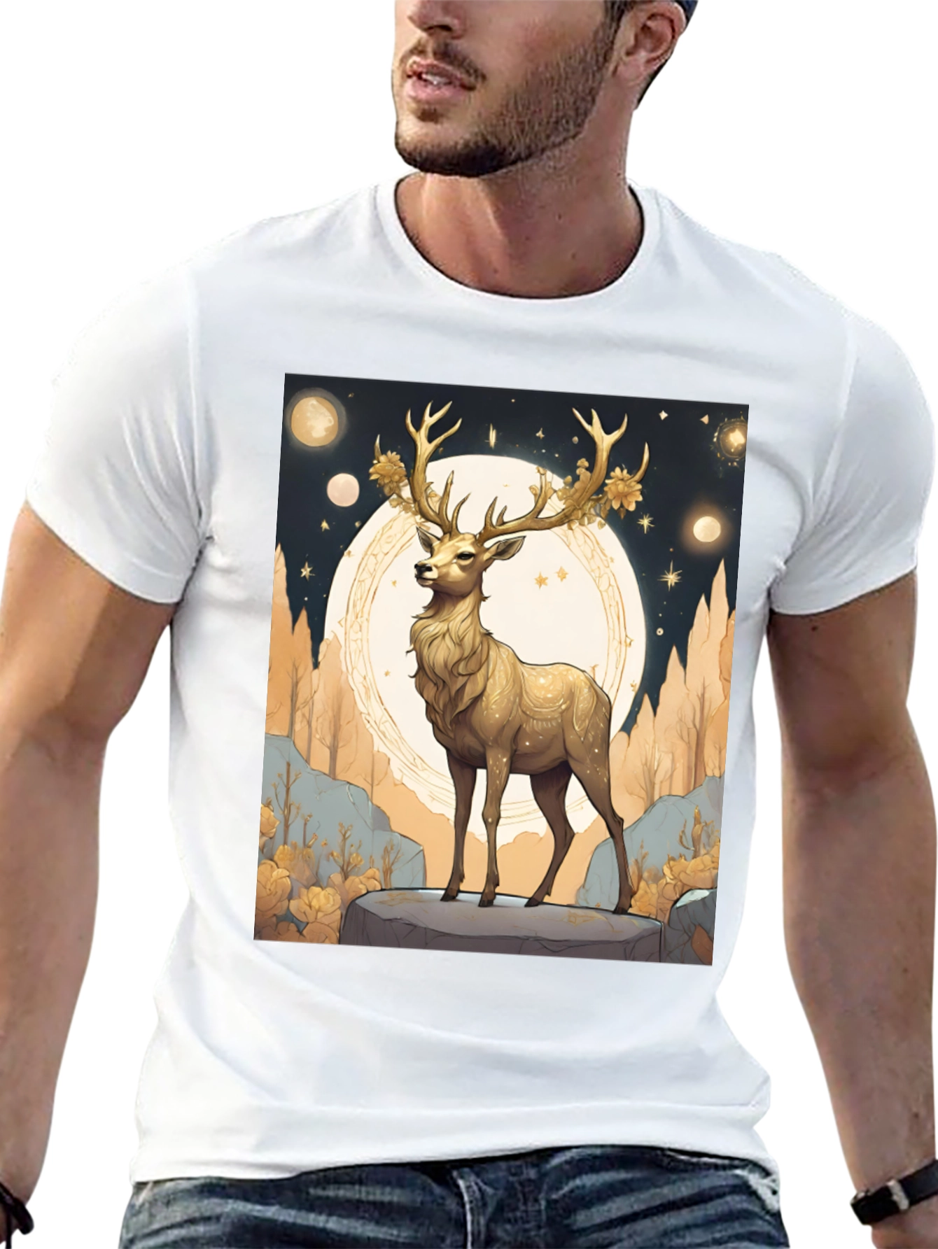 Black Golden Deer Graphic Tee - Celestial Stag Design view 13