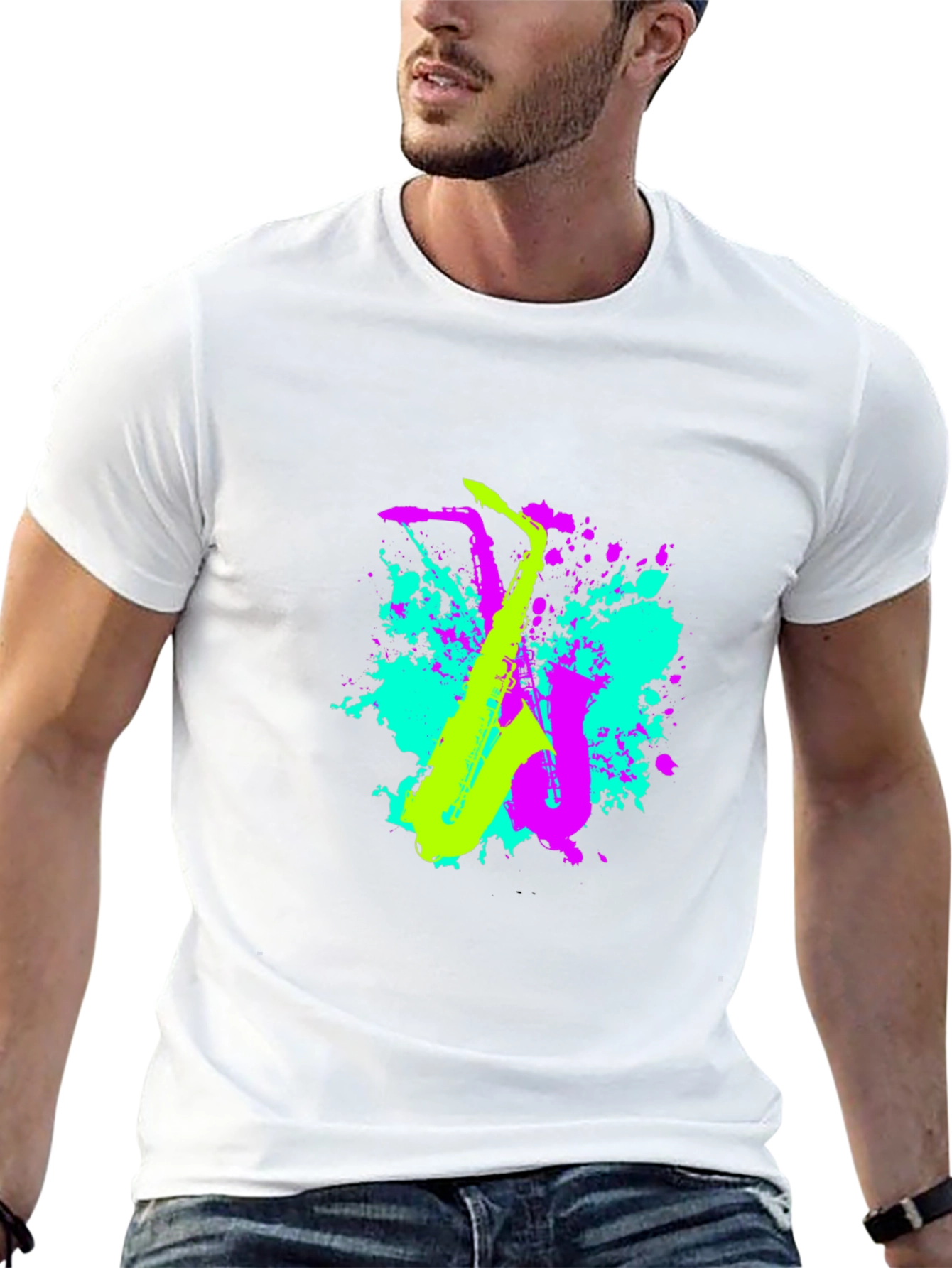 Black Neon Saxophone Graphic T-Shirt - Music Lover's Tee view 13