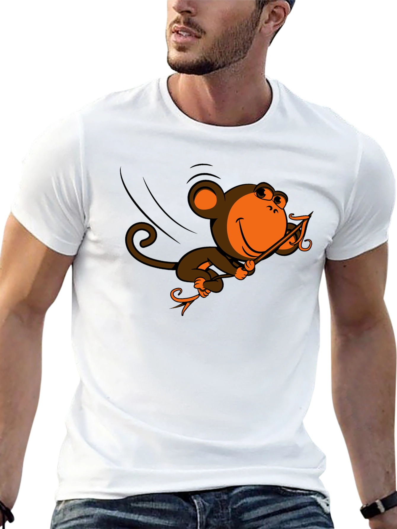 Black Monkey Swinging T-Shirt - Fun Cartoon Design view 13