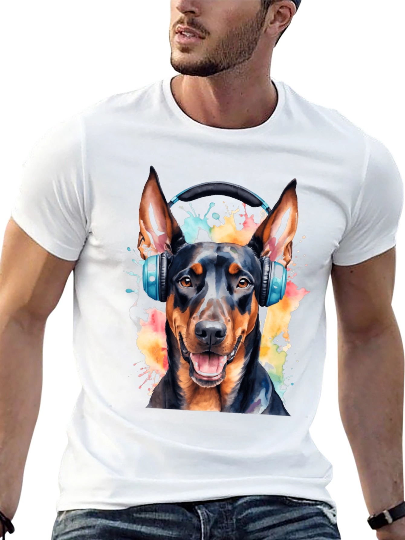 Black Dog with Headphones Black T-Shirt view 13