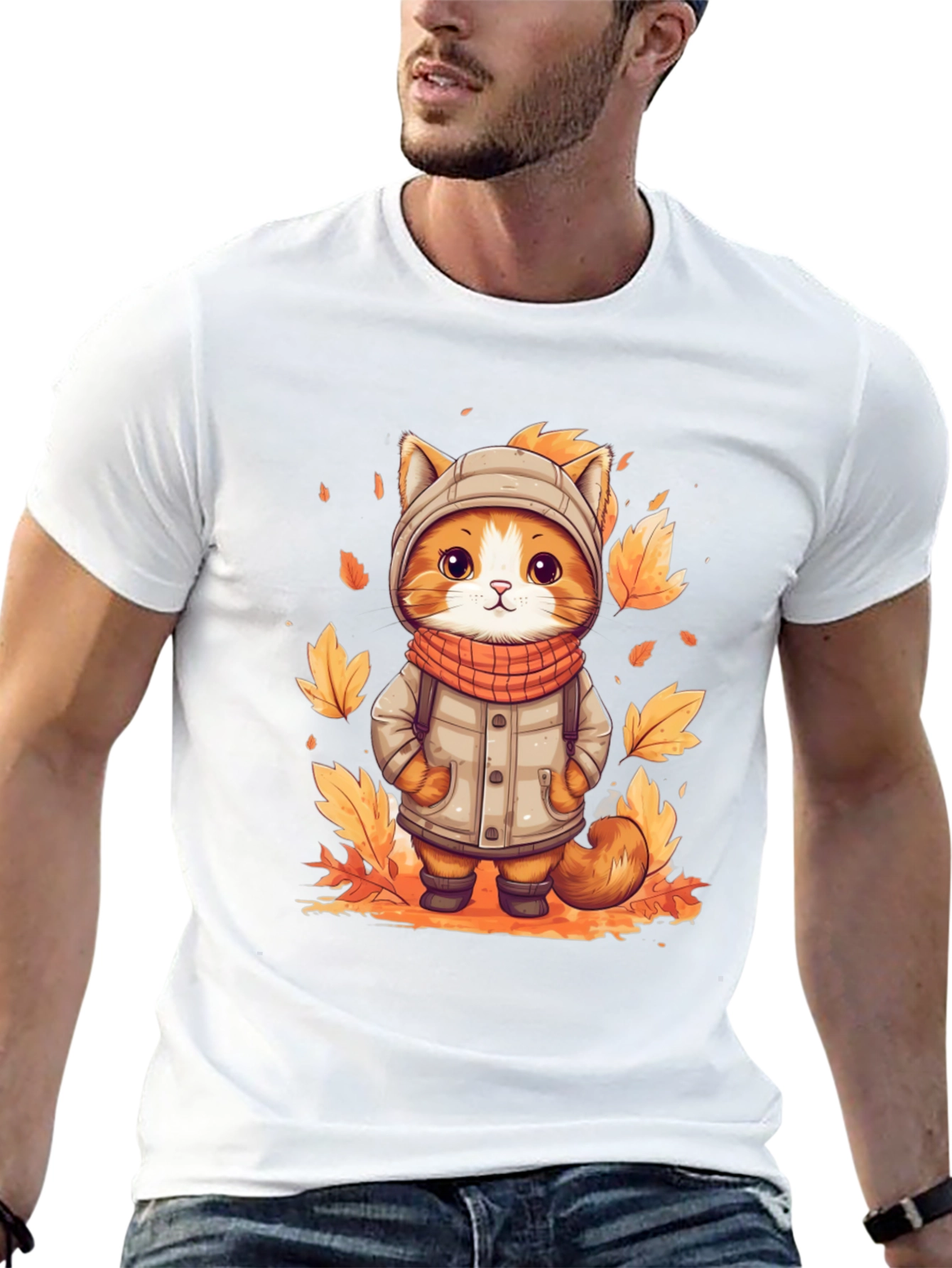 Black Fall Cat T-Shirt - Cute Autumn Kitten Design view 13