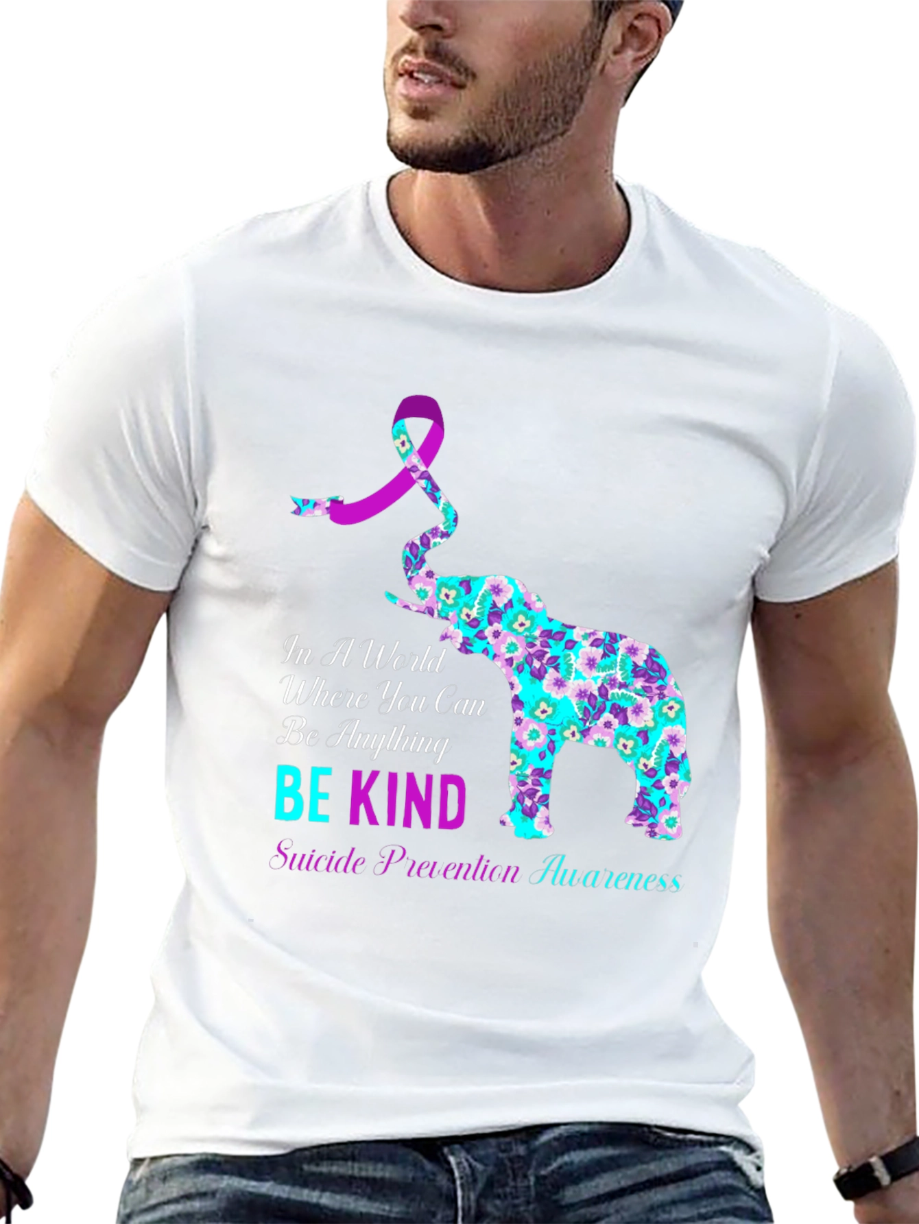 Black Be Kind Suicide Awareness Elephant Graphic Tee view 13