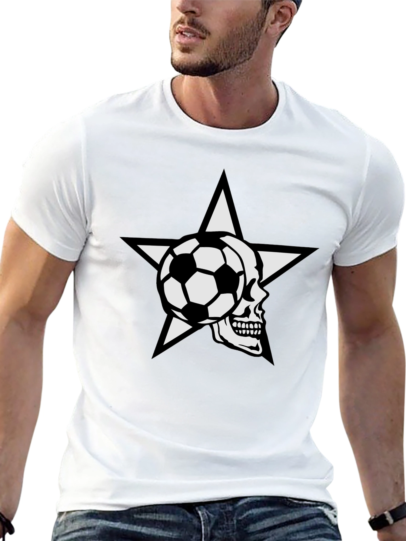 Black Soccer Skull Star Graphic Tee - Black Cotton T-Shirt view 13