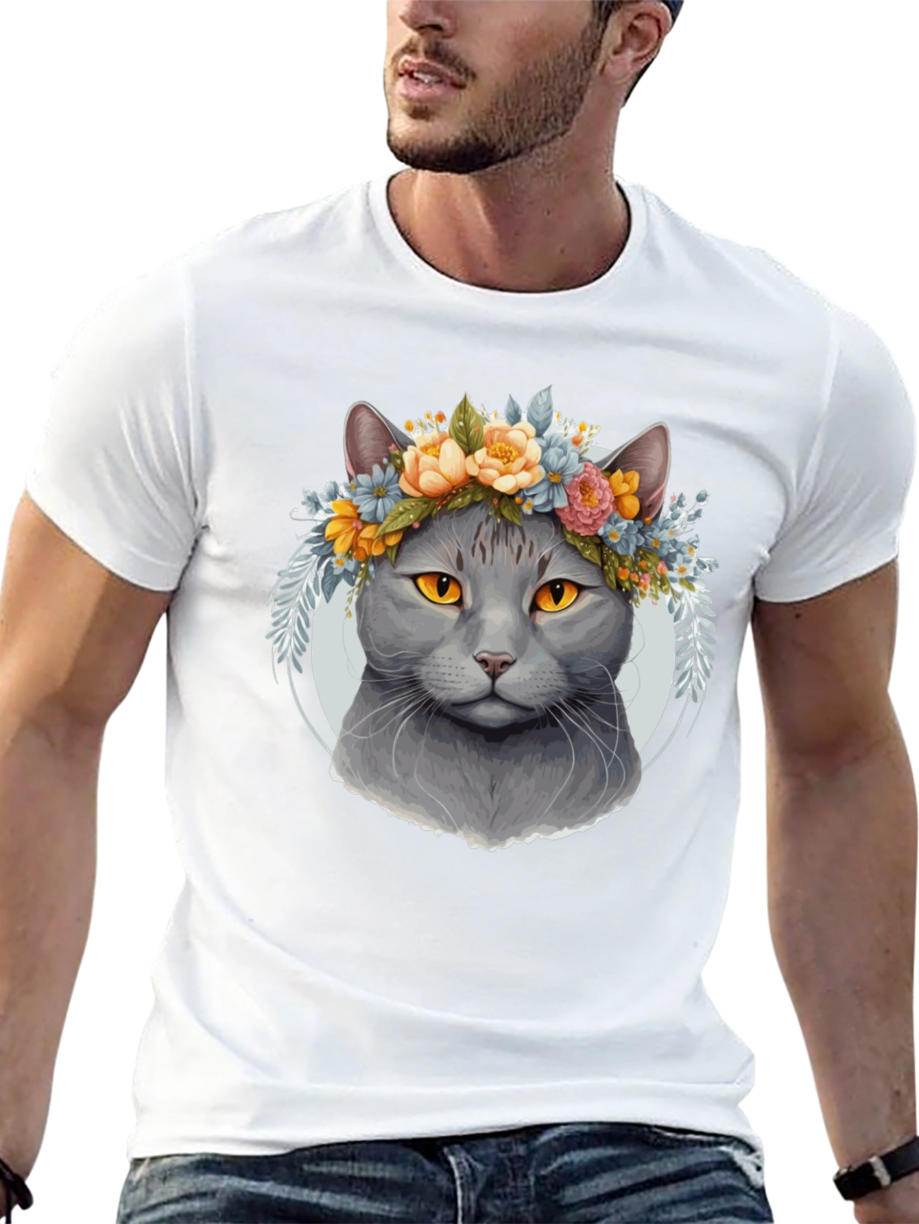 Black Cat with Floral Crown Black T-Shirt view 13