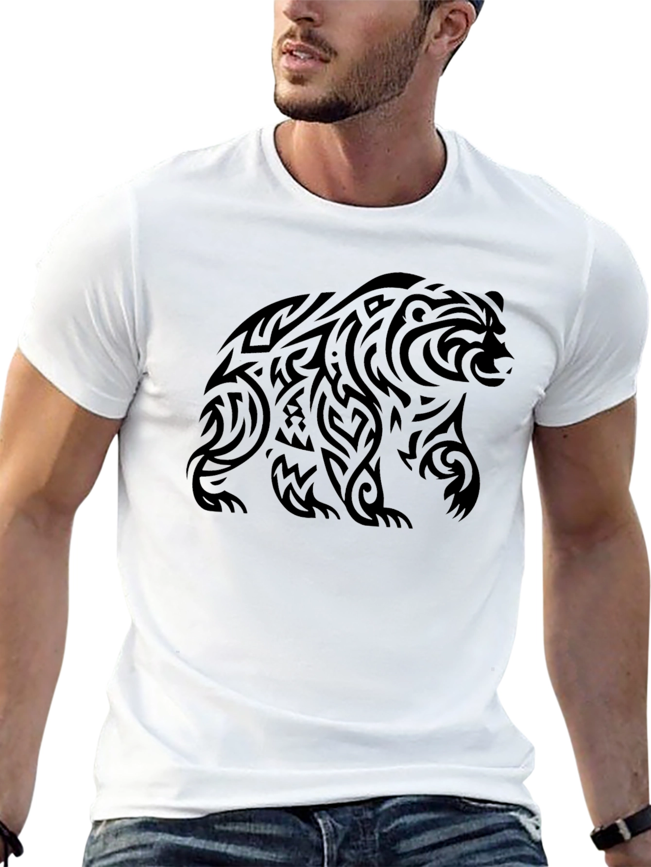 Black Tribal Bear Graphic Tee - Black Cotton Casual Shirt view 13