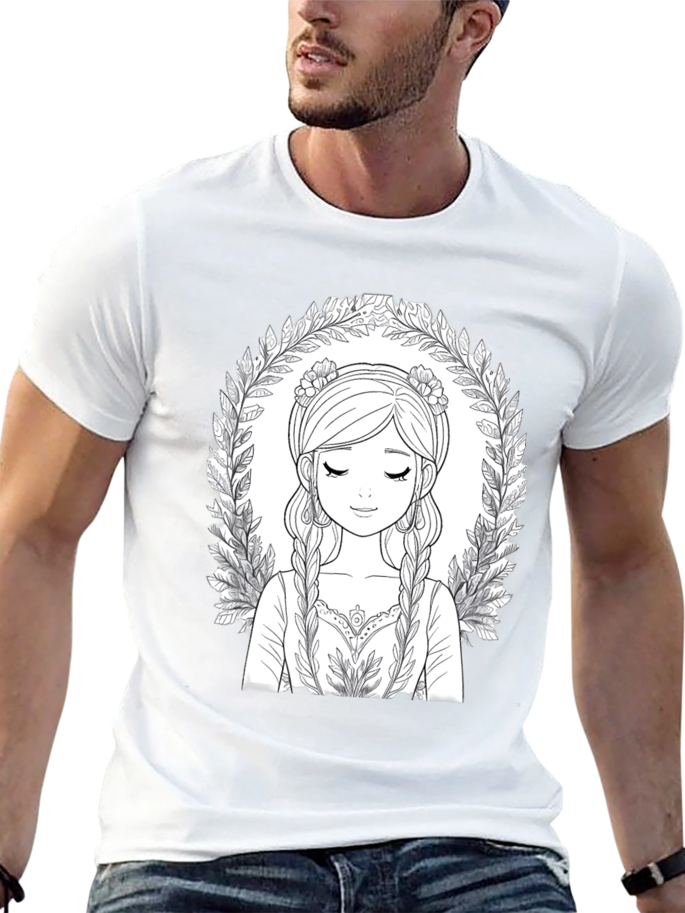 Black Black T-Shirt with Intricate Girl Portrait Design view 13