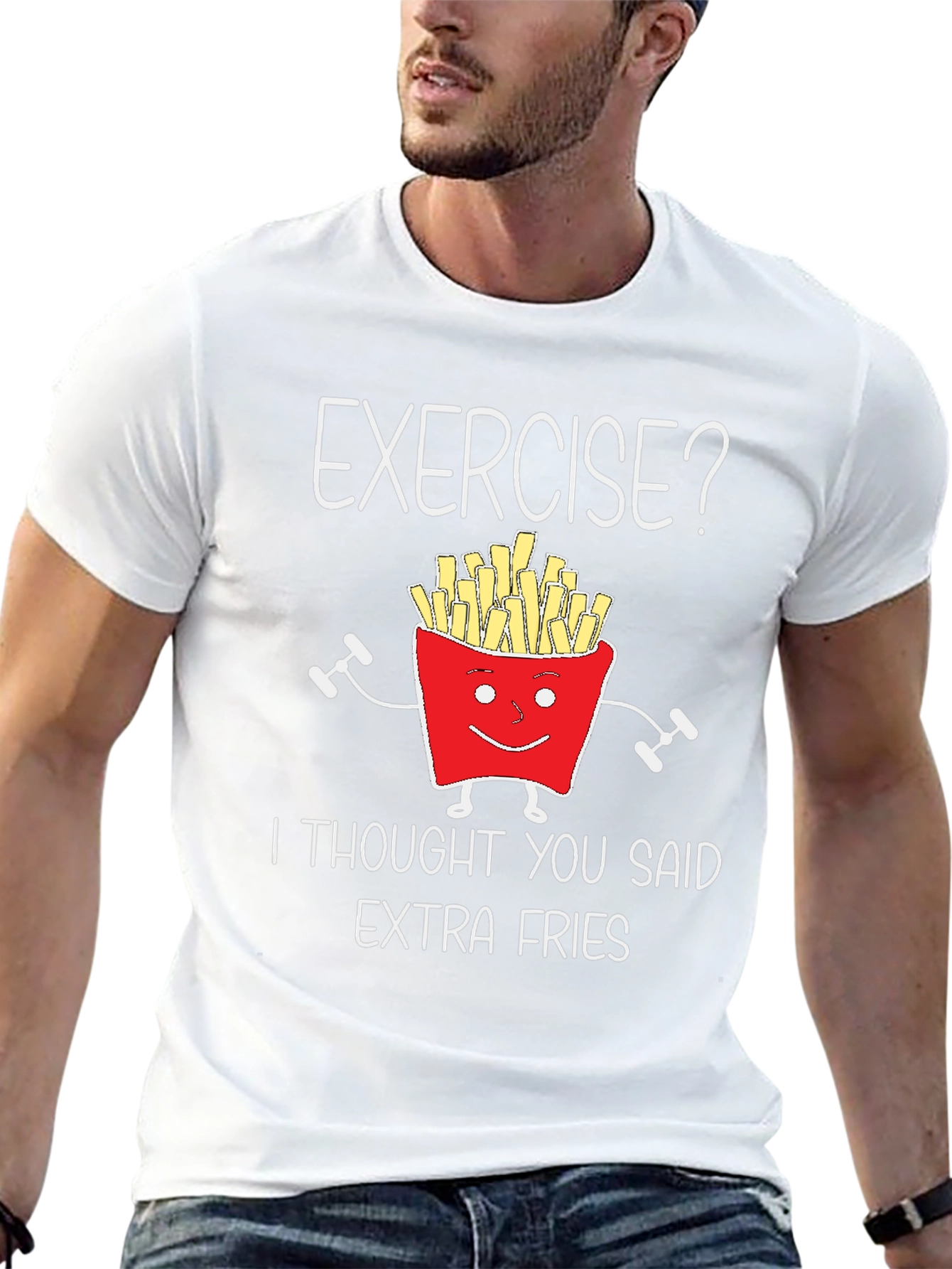 Black Funny Exercise Extra Fries Graphic T-Shirt view 13